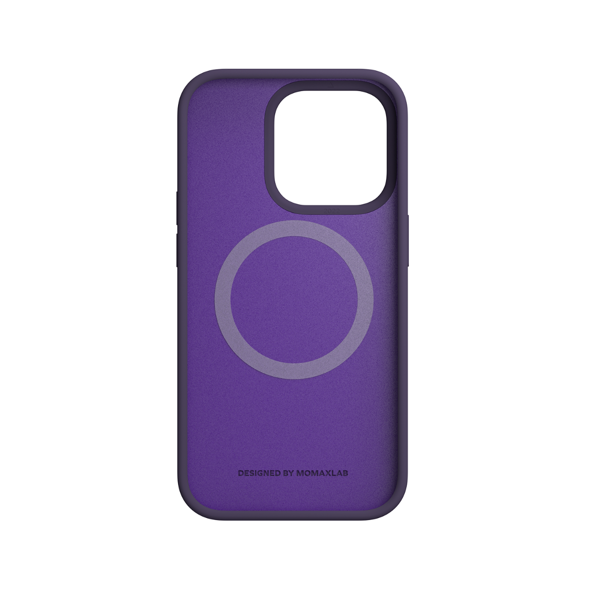 Beyaz bir halkası olan mor bir telefon kılıfı. Kılıf MomaxLab tarafından tasarlanmıştır ve pürüzsüz bir dokuya sahiptir.