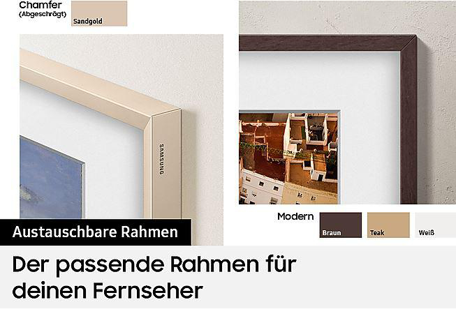 Zwei Bilder zeigen TV-Rahmen. Einer ist beige, der andere braun. Text: 'Der passende Rahmen für Ihren Fernseher'.
