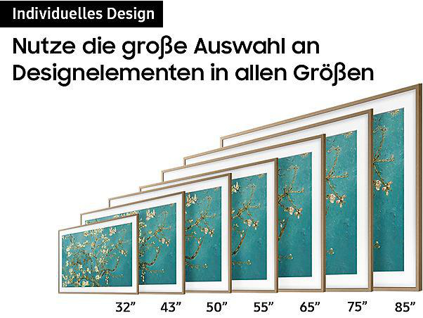 Fernseher verschiedener Größen mit einem Gemälde, Größen von 32 bis 85 Zoll.