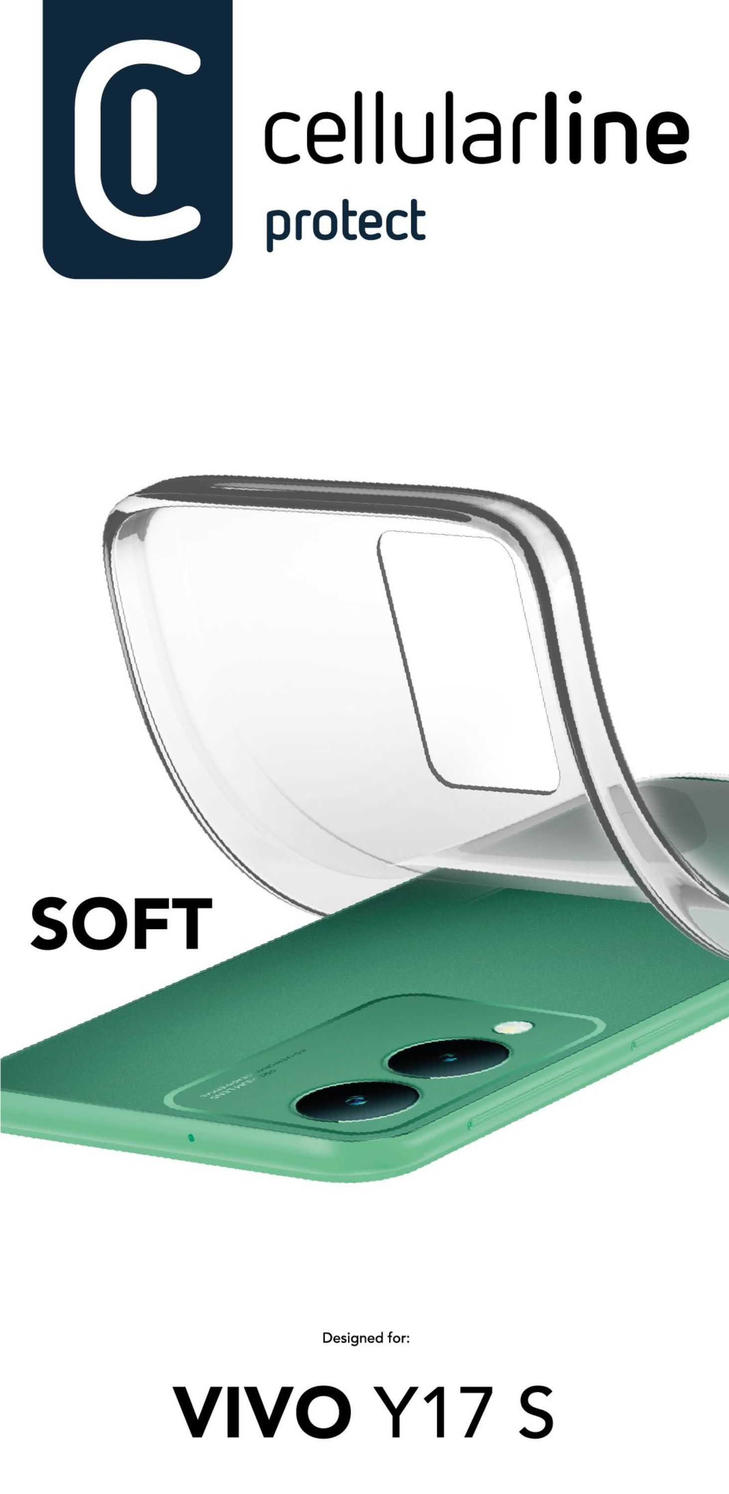 Funda transparente para VIVO Y17 S. El teléfono es verde. La funda es suave y diseñada por cellularline protect.