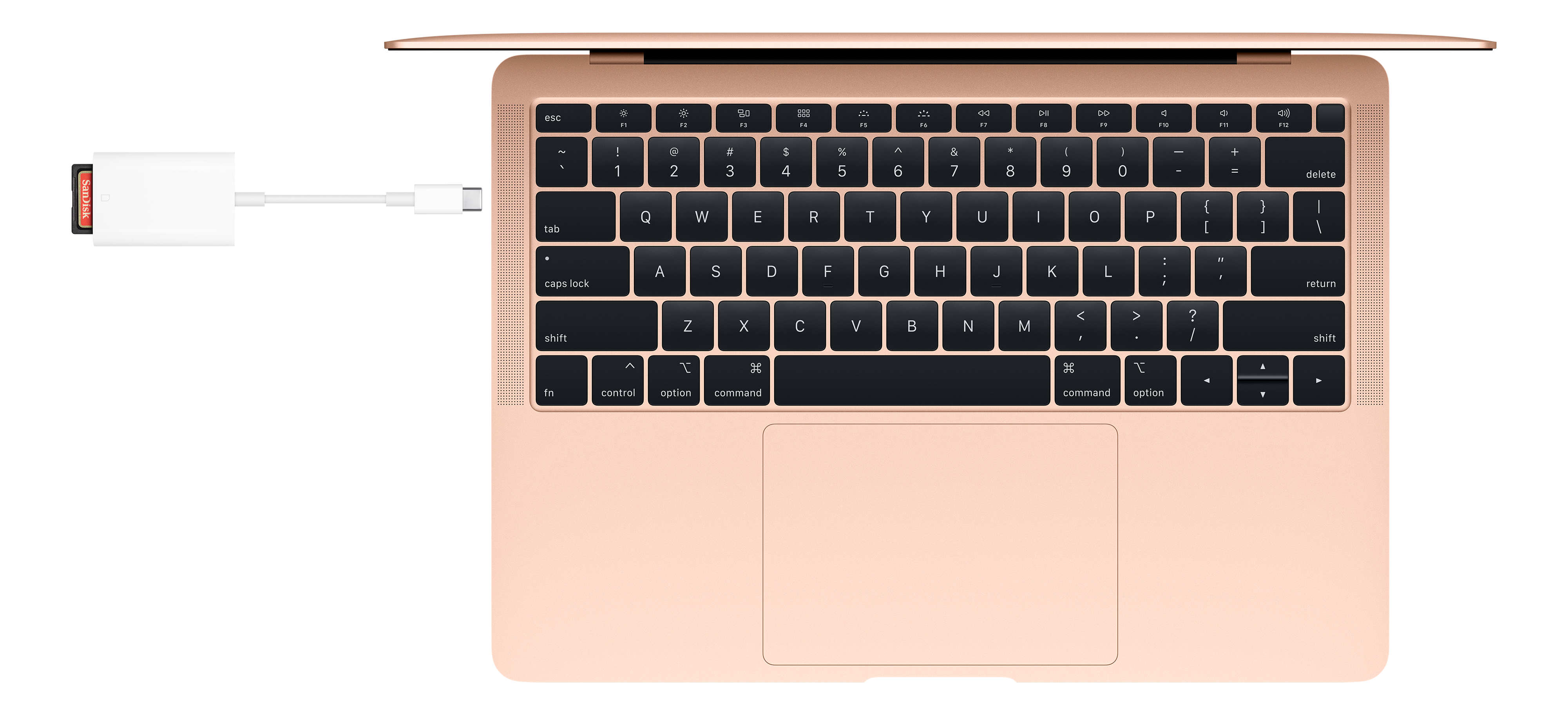 Laptop con adattatore USB-C con scheda SD, su sfondo nero.