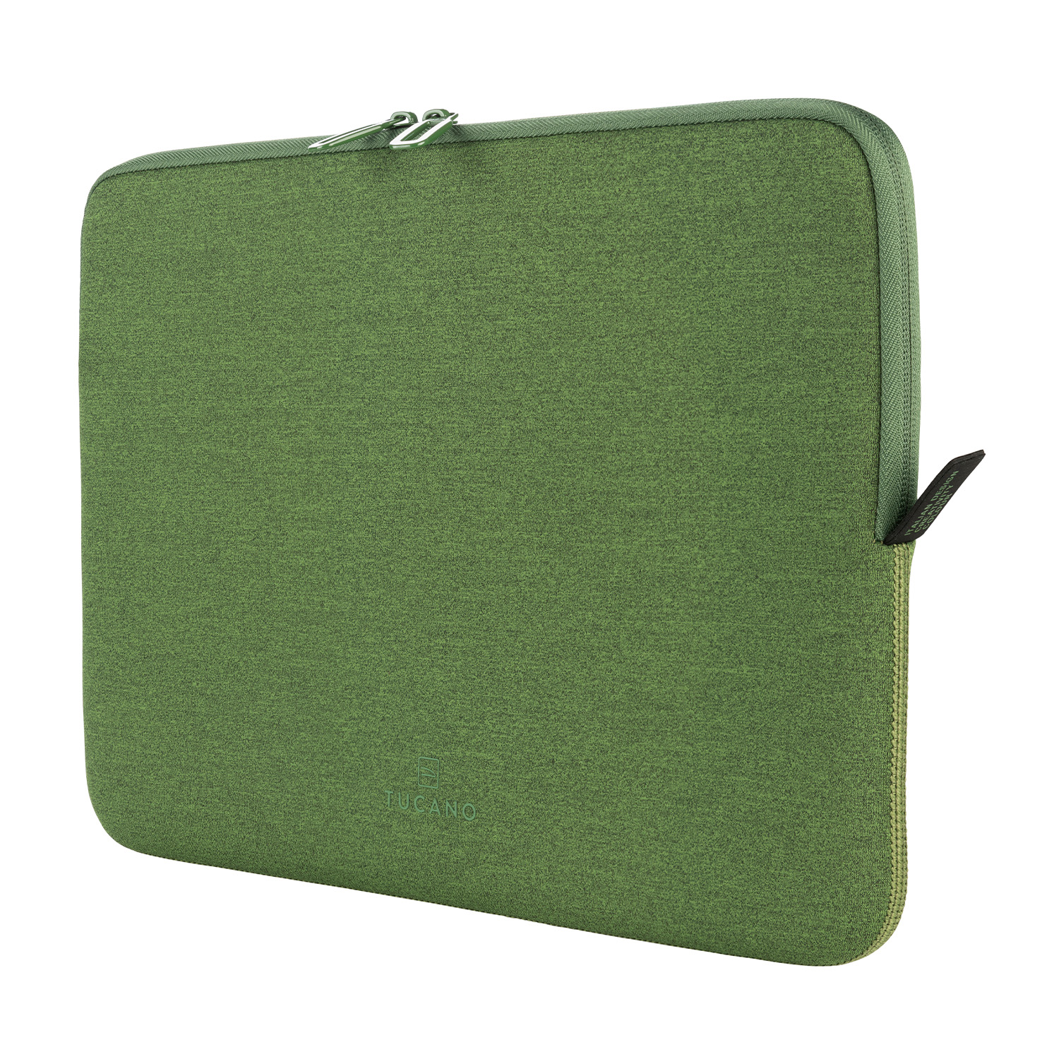 Custodia per laptop verde oliva con cerniera e logo Tucano, su sfondo bianco.