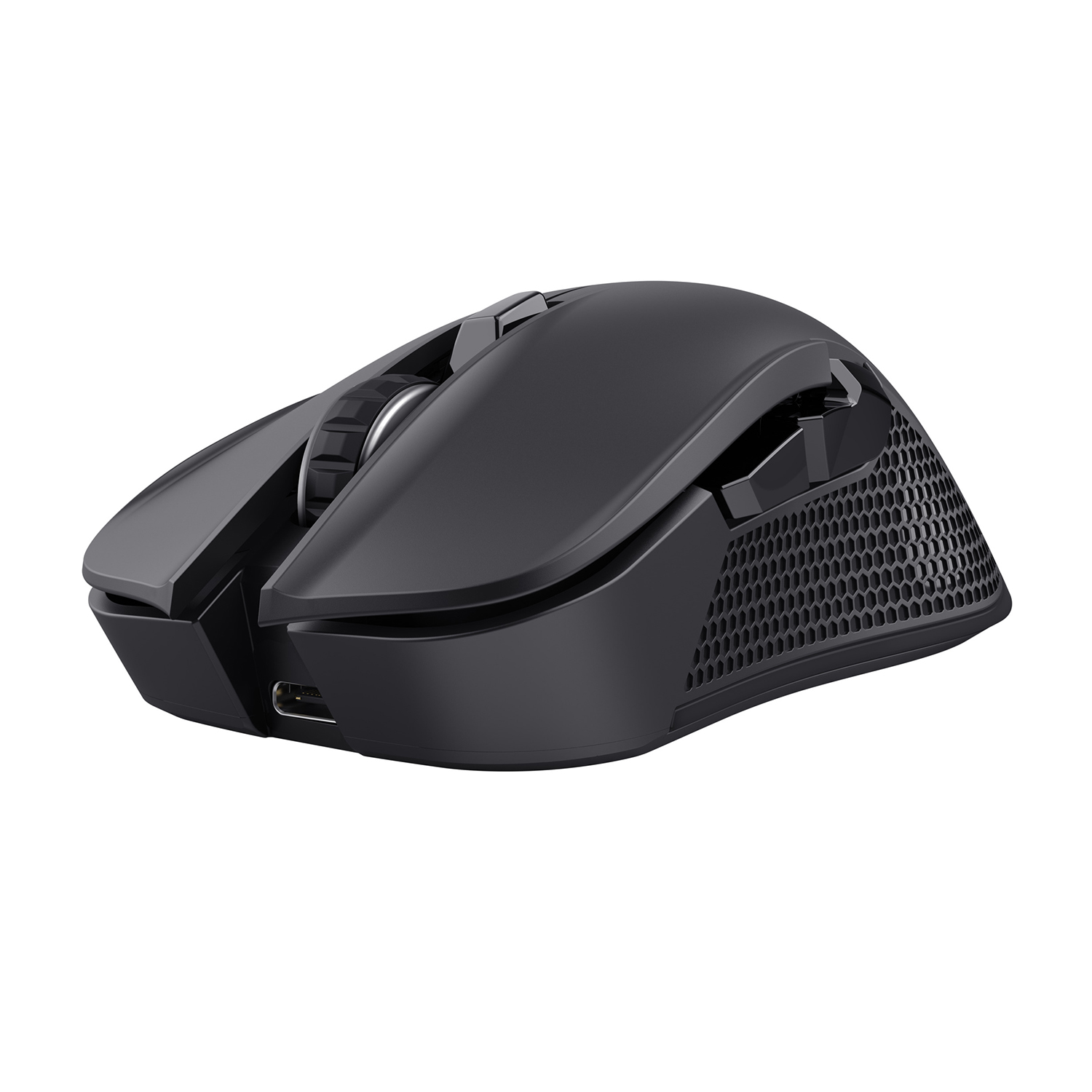 Mouse da gioco wireless nero. Pulsanti, rotella e impugnatura laterale strutturata.