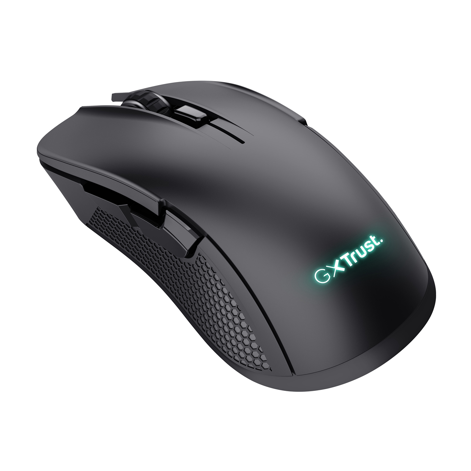 Mouse da gaming nero, vista dall'alto, con motivo esagonale.