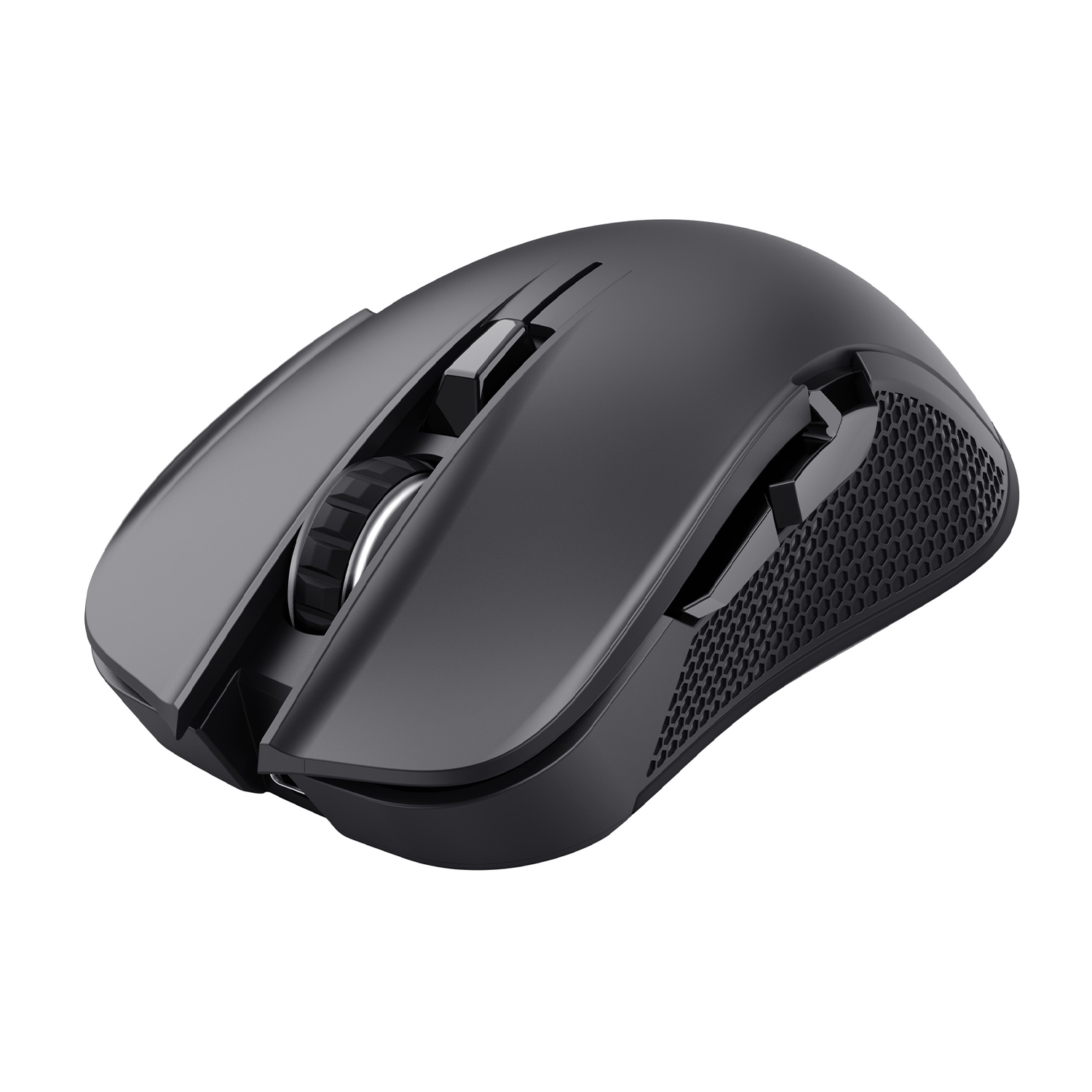 Un mouse wireless nero, visto dall'alto. Ha una rotella di scorrimento e un'impugnatura laterale strutturata.