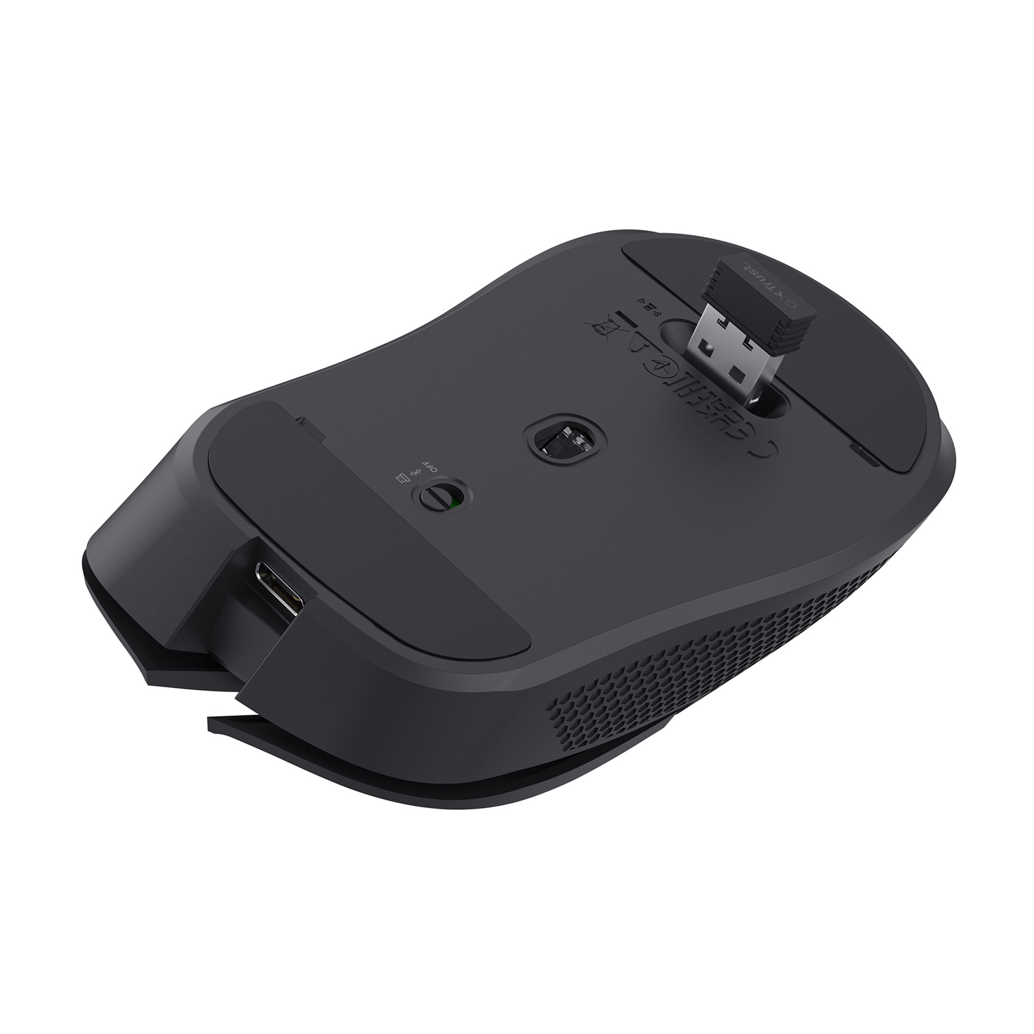 Mouse per computer nero con ricevitore USB, la parte inferiore è strutturata, il ricevitore USB è nel mouse.