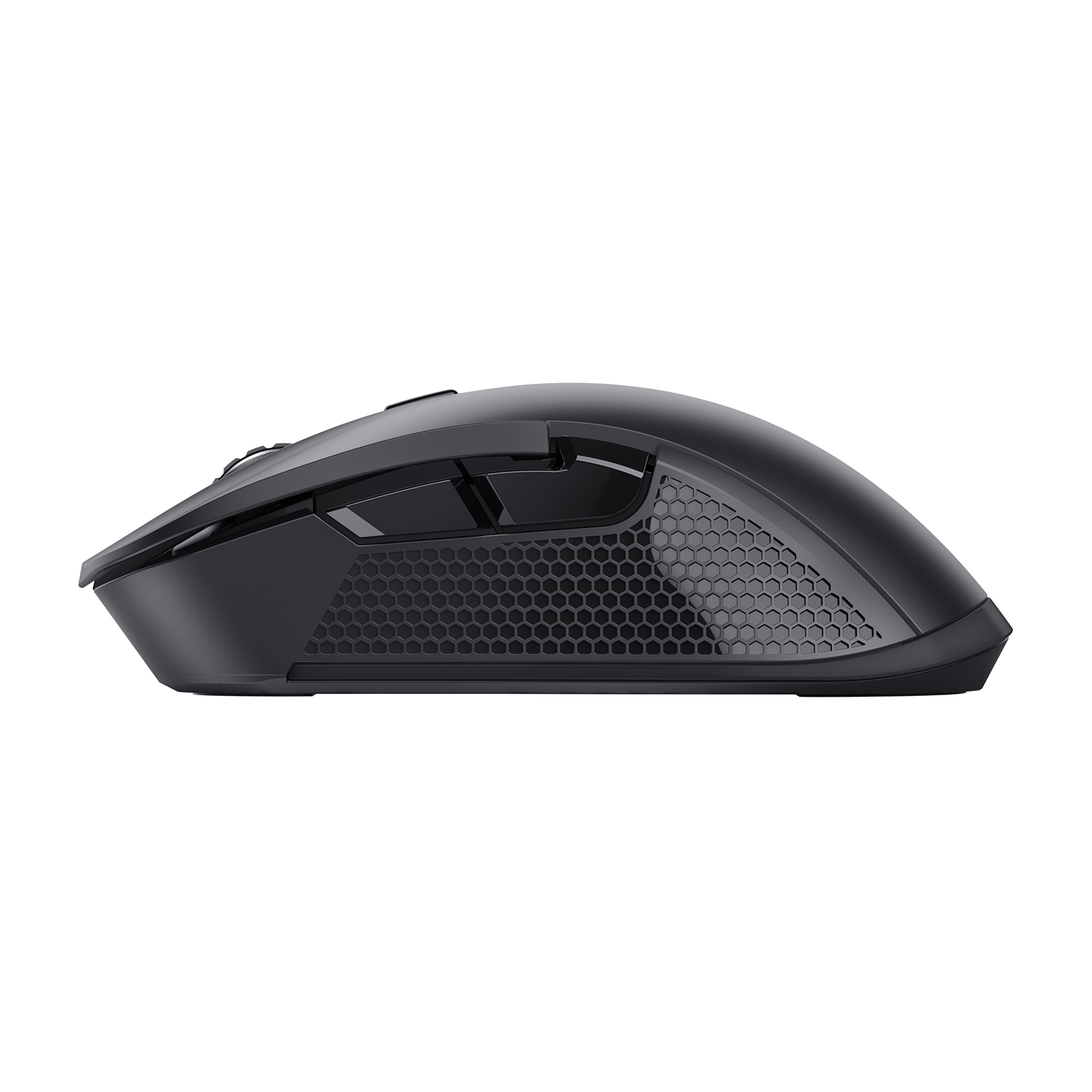 Mouse da gioco nero con design a nido d'ape e pulsanti. Vista laterale, sfondo bianco.