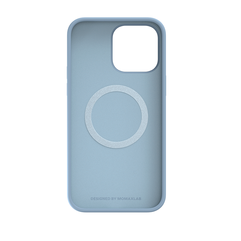 Ortasında beyaz bir daire bulunan açık mavi telefon kılıfı. 'DESIGNED BY MOMAXLAB' kelimeleri görünür.