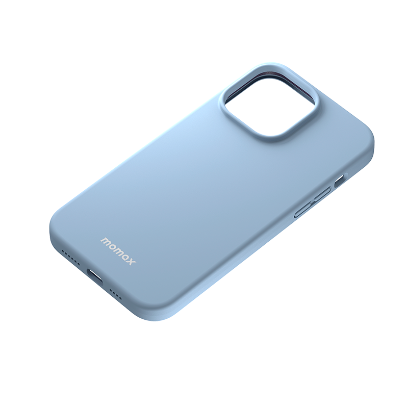 Açık mavi bir telefon kılıfı. Kılıfın kamera açıklığı var ve üzerine 'momax' kelimesi basılmış.