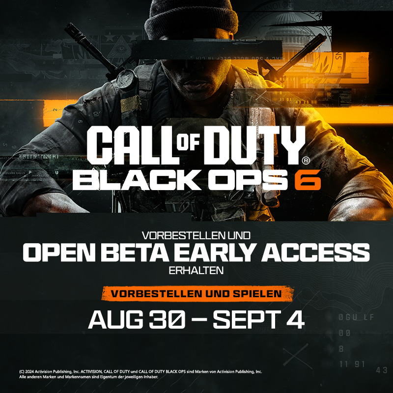 Werbung für Call of Duty Black Ops 6, mit Text über Early Access und Vorbestelldaten.