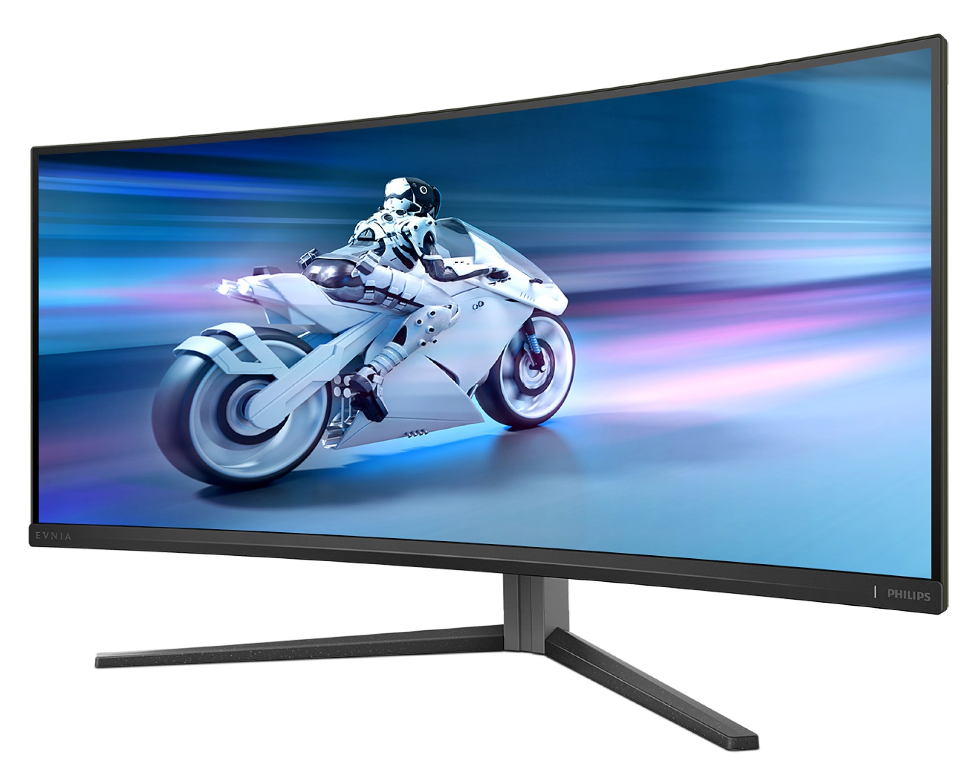 Ein gekrümmter Monitor mit einem futuristischen Motorradrennfahrer.