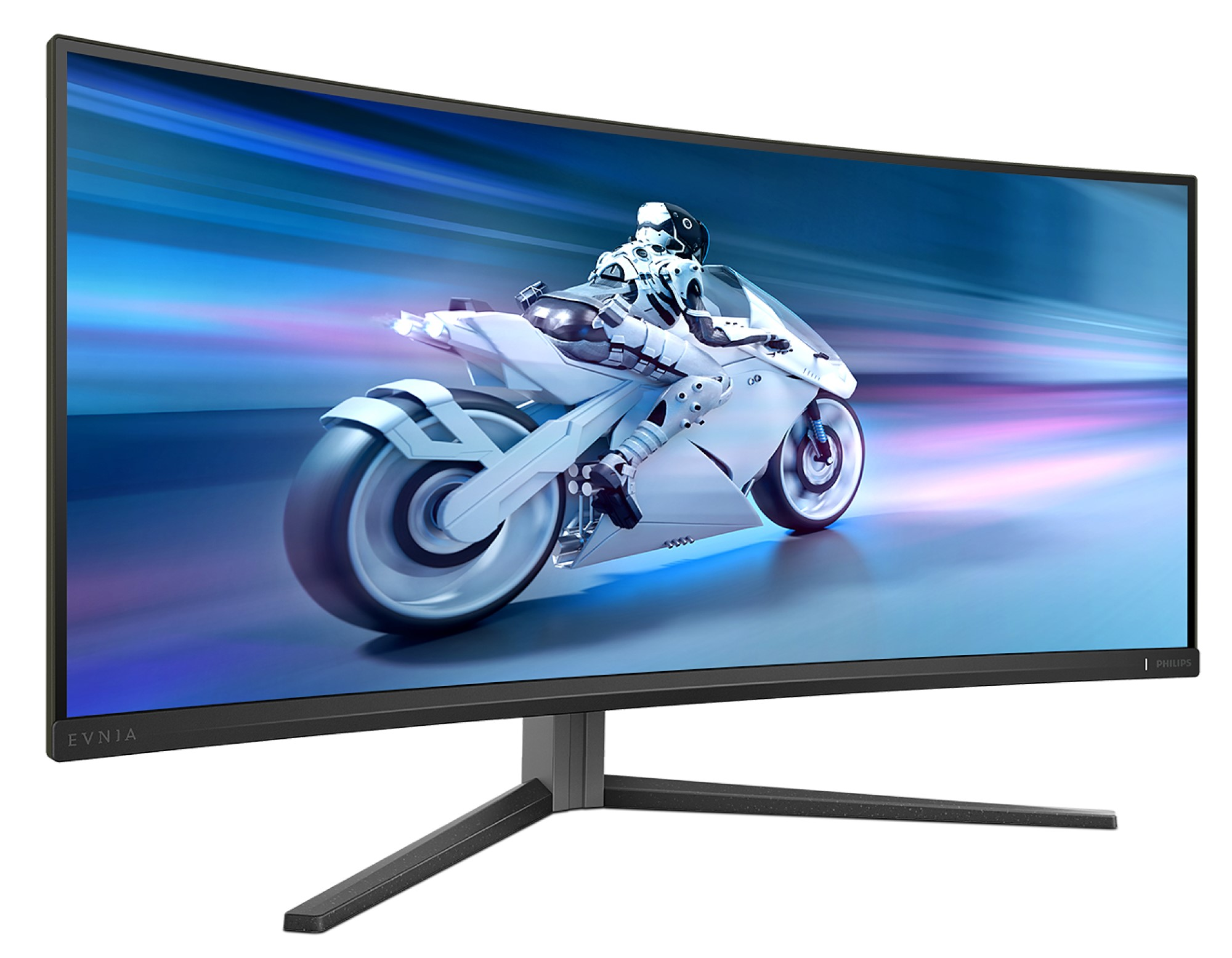 Gewölbter Monitor, der ein weißes futuristisches Motorrad zeigt, das durch einen verschwommenen Hintergrund rast.