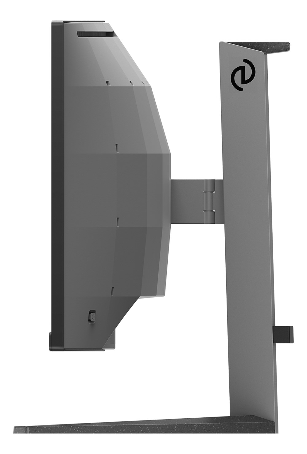 Grauer Monitor, Seitenansicht, auf Ständer mit Logo. Futuristisches Design.