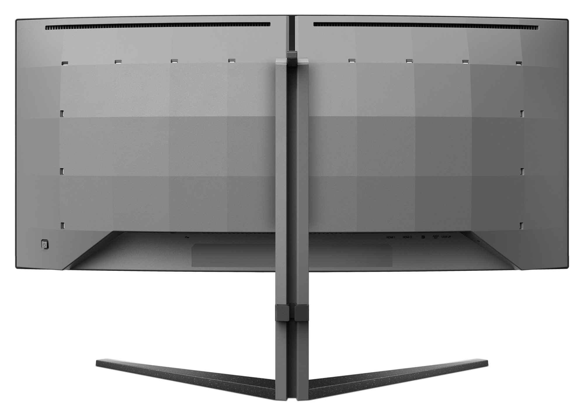 Rückansicht von zwei Computermonitoren nebeneinander mit einem Ständer.
