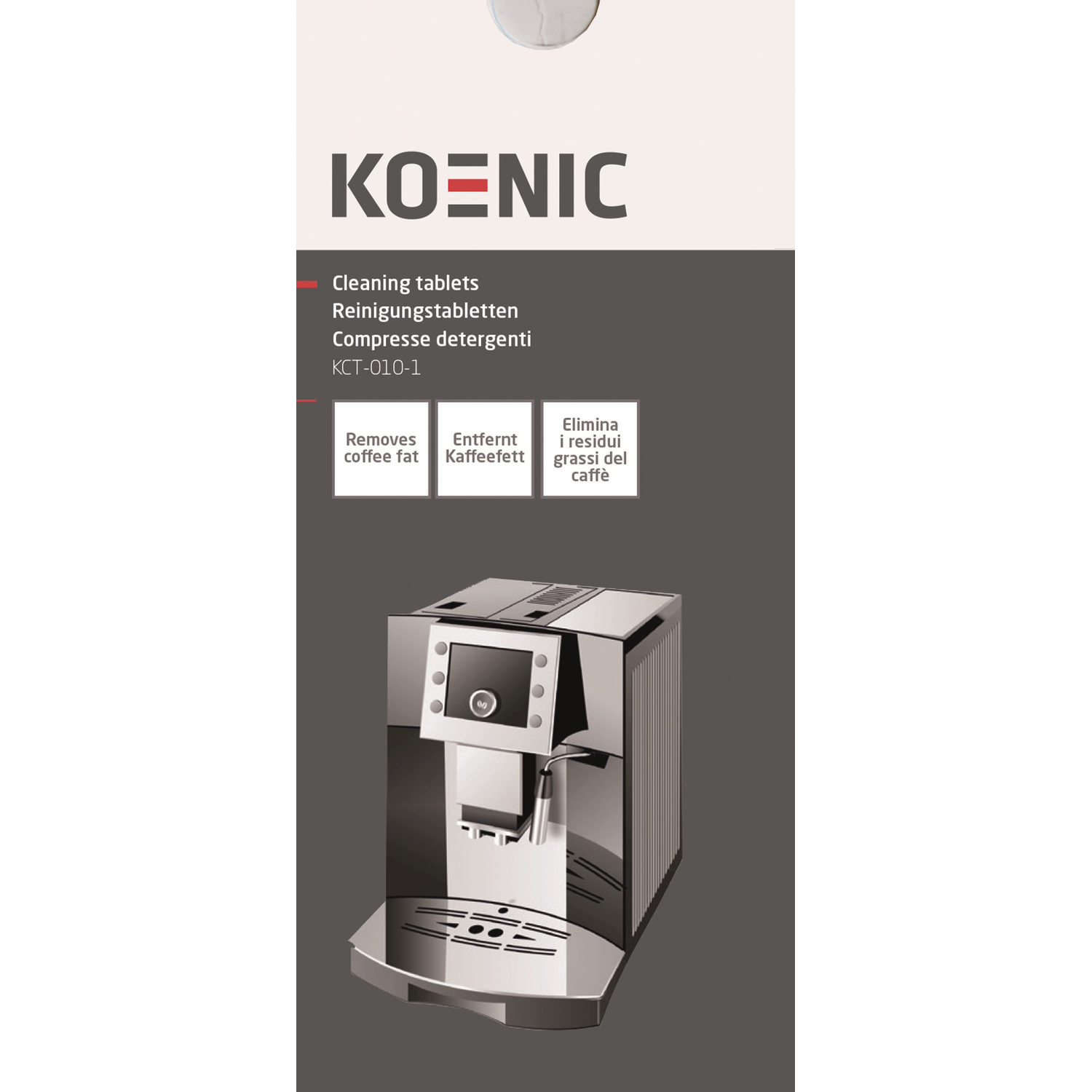 Koenic reinigingstabletten doos en een koffiemachine. Tekst in meerdere talen.