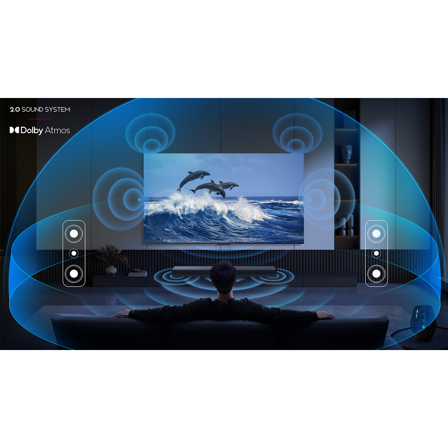Persona reclinata su un divano guarda la TV. Delfini che saltano sullo schermo con grafici a onde sonore.