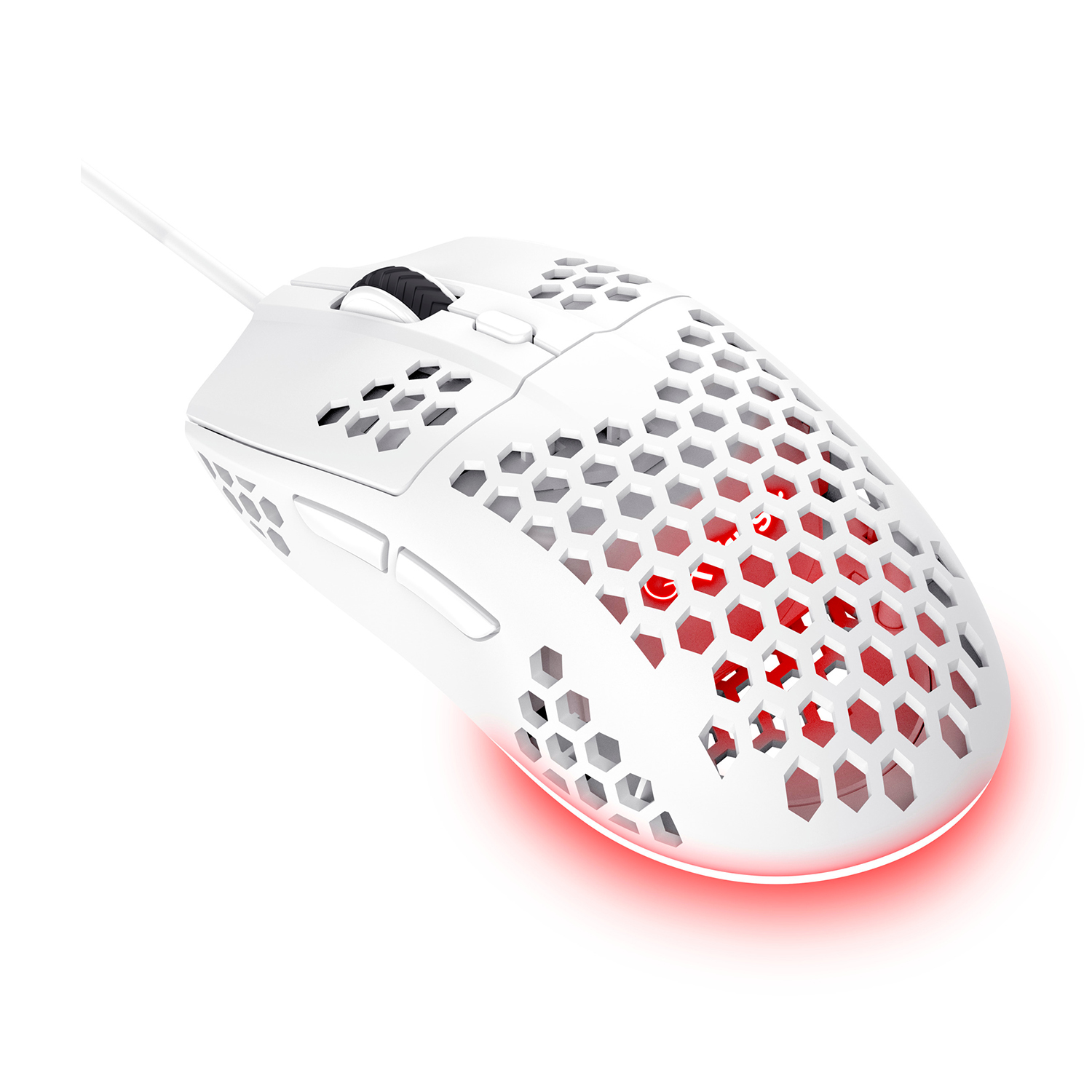 Mouse da gioco bianco con design a nido d'ape e illuminazione interna rossa. Su superficie bianca.