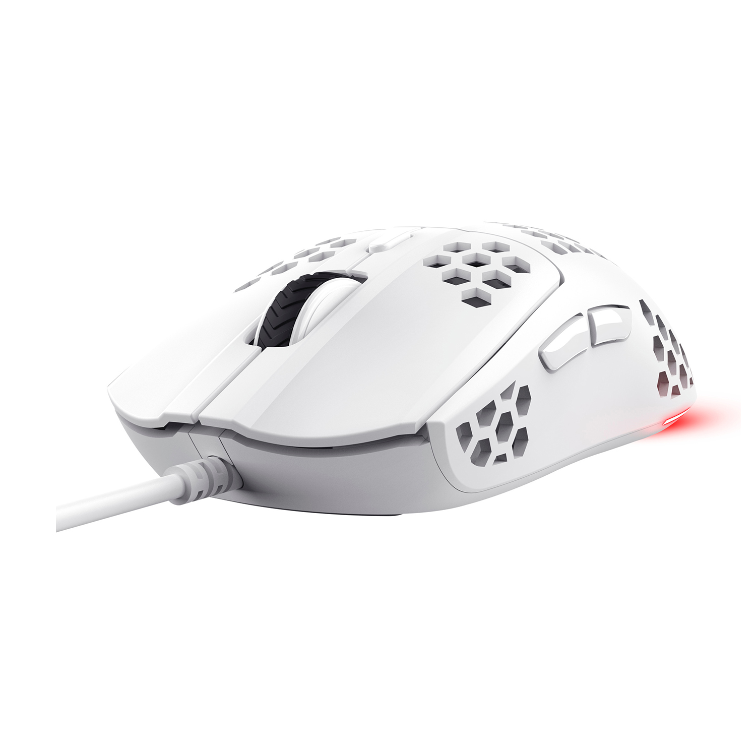 Mouse da gioco bianco con design a nido d'ape. Con cavo, luce rossa e rotella nera.