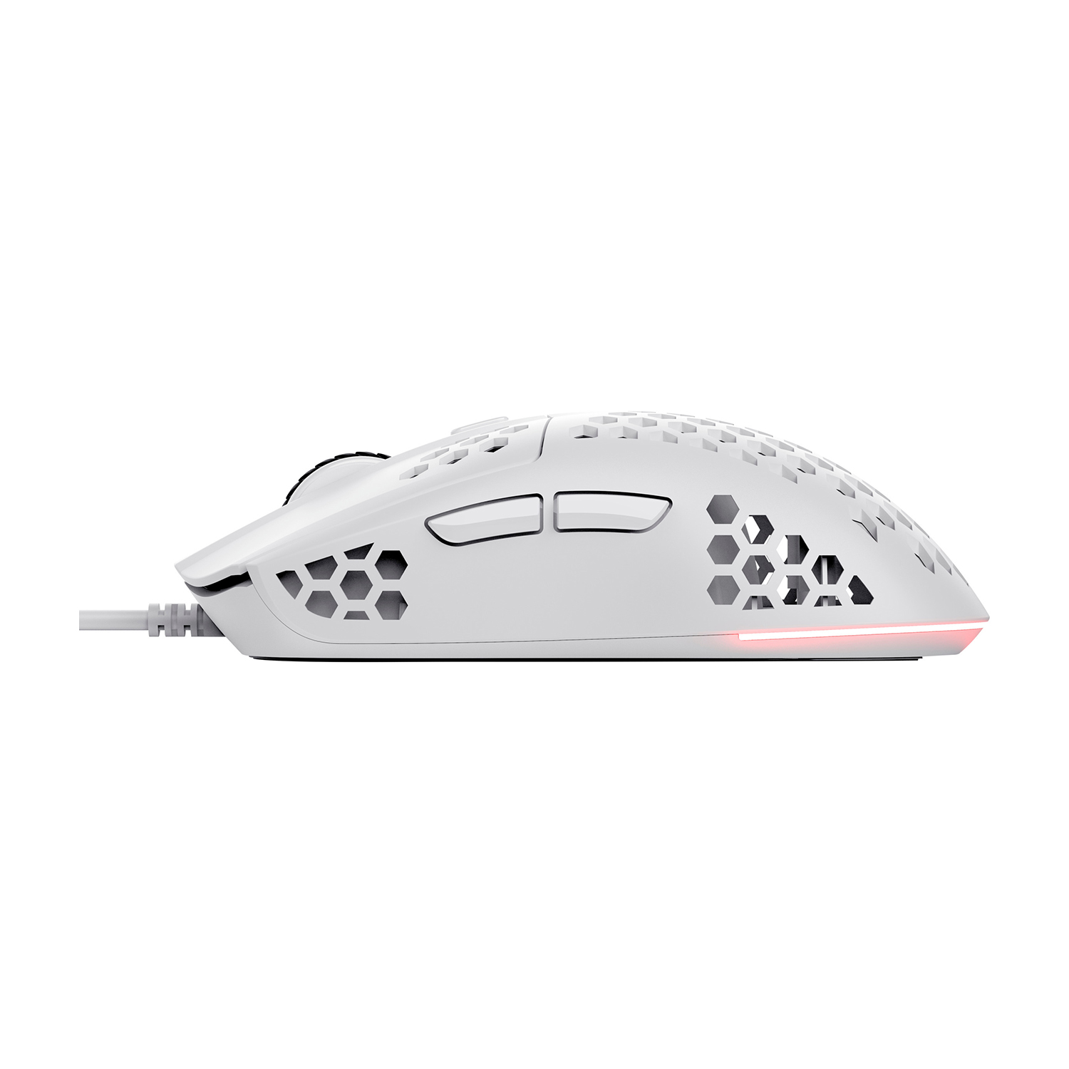 Un mouse da gioco bianco con un design a nido d'ape e una luce LED rossa nella parte inferiore.