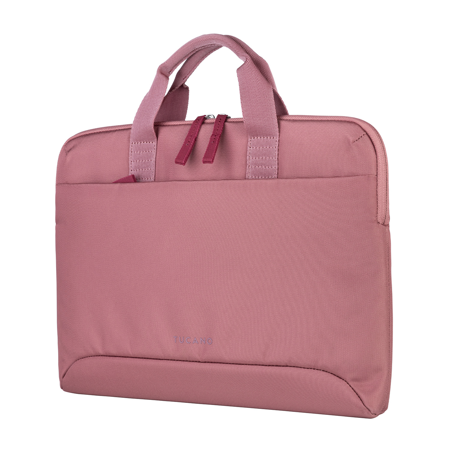 Una borsa per laptop rosa, con manico e cerniera, su sfondo bianco.