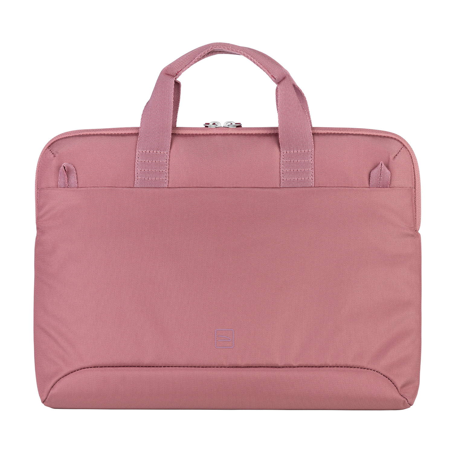 Borsa rosa per laptop con manici. La parte anteriore ha una tasca. Design semplice.