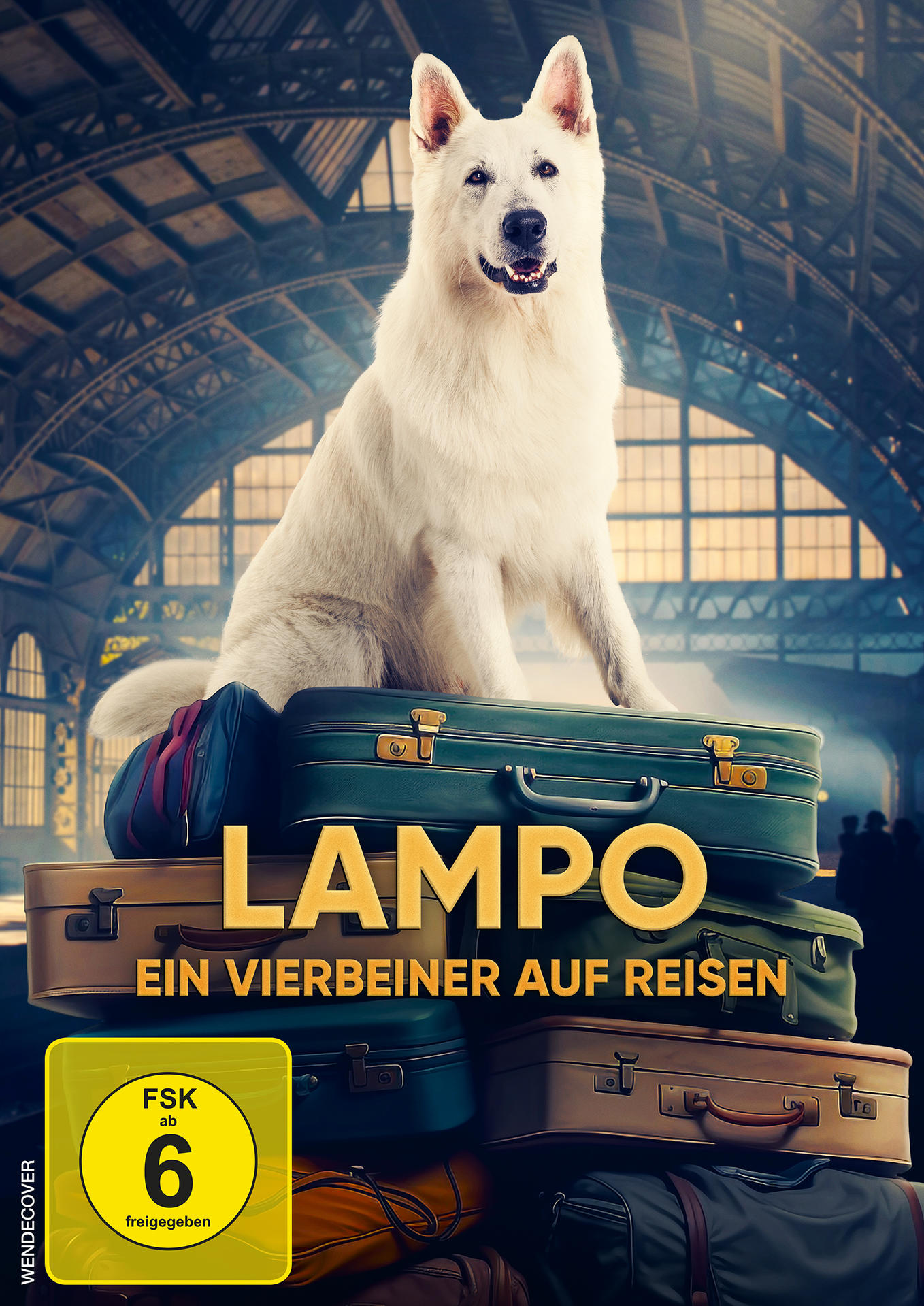 DVD-Cover des Films Lampo, ein weißer Hund liegt auf Koffern an einem Bahnhof. Der Titel wird angezeigt.