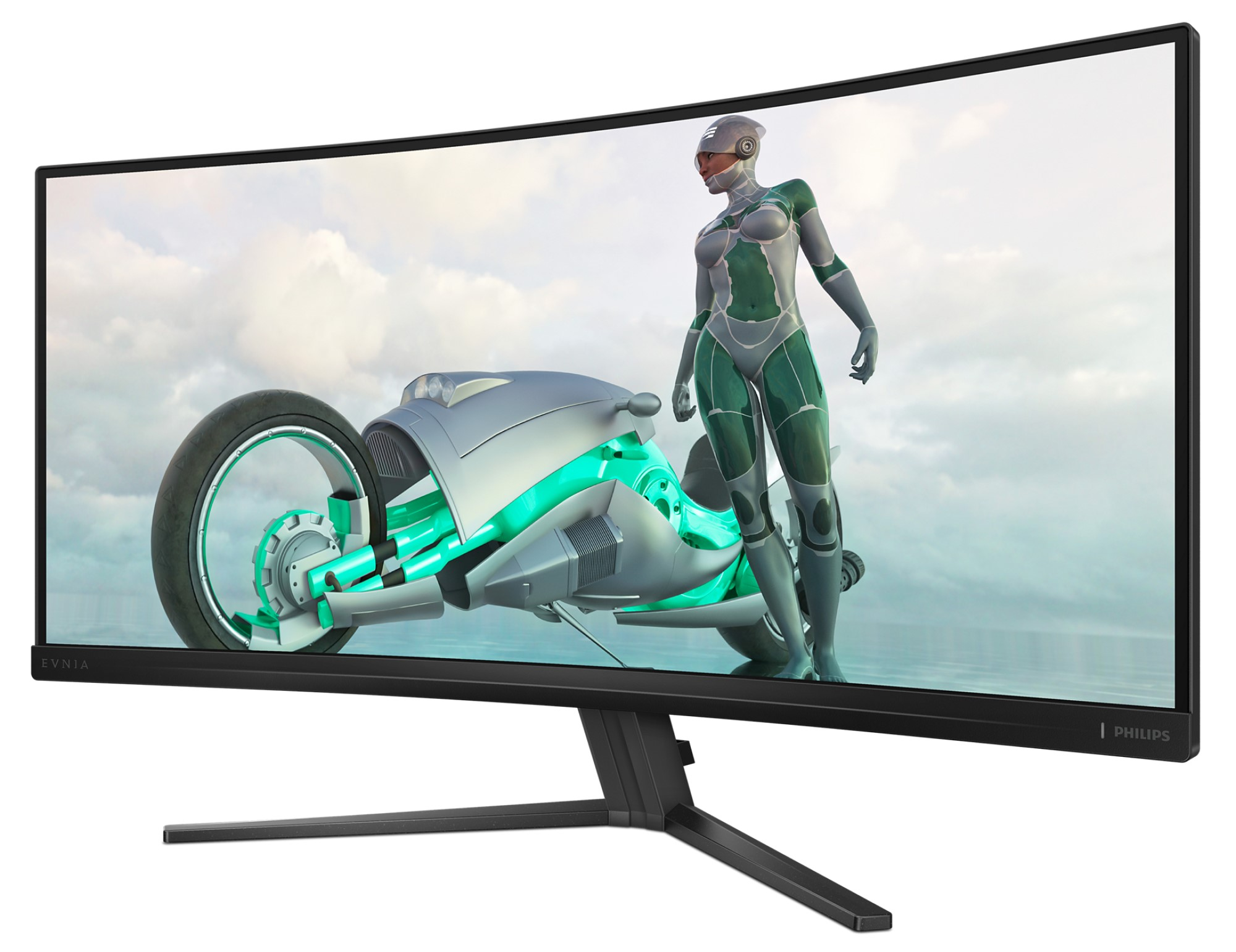 Ein gebogener Monitor zeigt eine Frau und ein futuristisches Motorrad. Der Bildschirm ist schwarz.