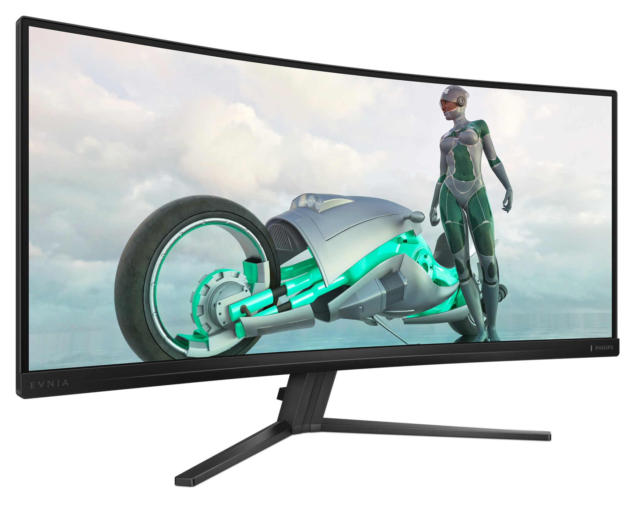 Gewölbter Monitor mit futuristischem Motorrad und Frau im futuristischen Anzug auf dem Bildschirm.