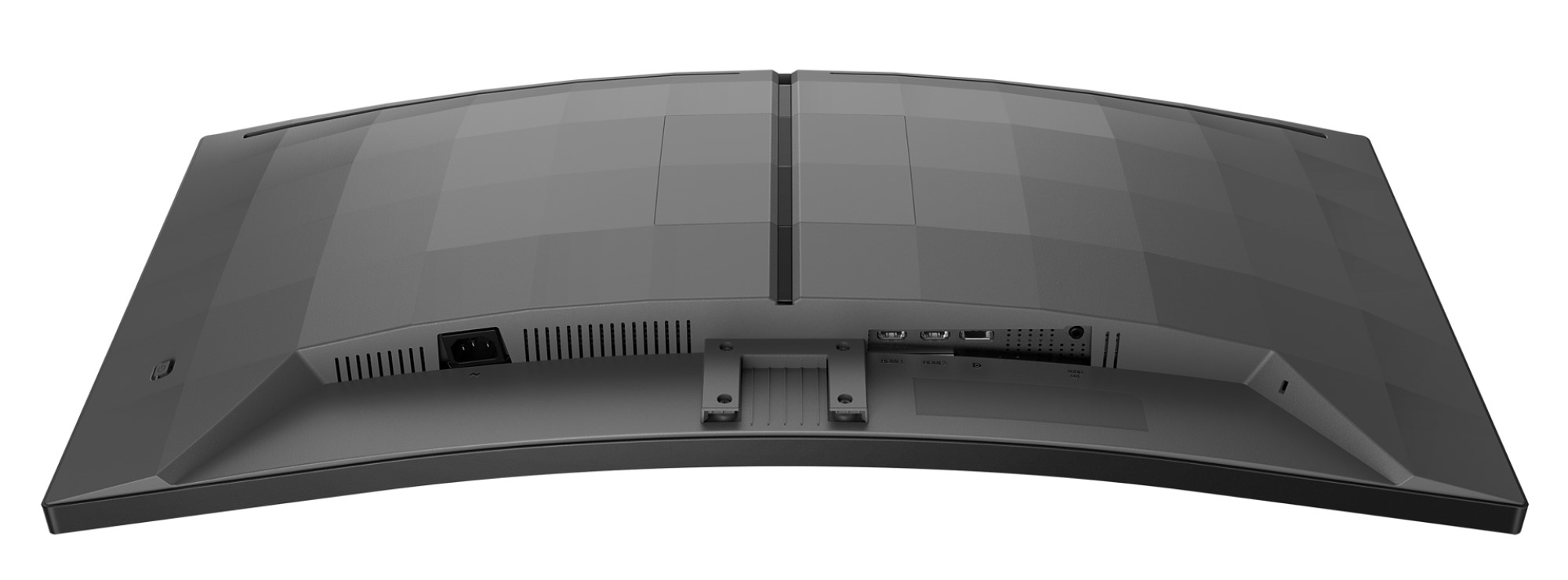 Gebogener Computermonitor, schwarz, mit Anschlüssen und Stromeingang auf der Rückseite.