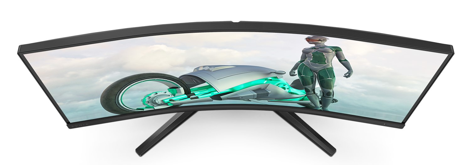 Gebogener Monitor zeigt futuristische Szene mit Fahrzeug und Figur. Schwarzer Ständer.