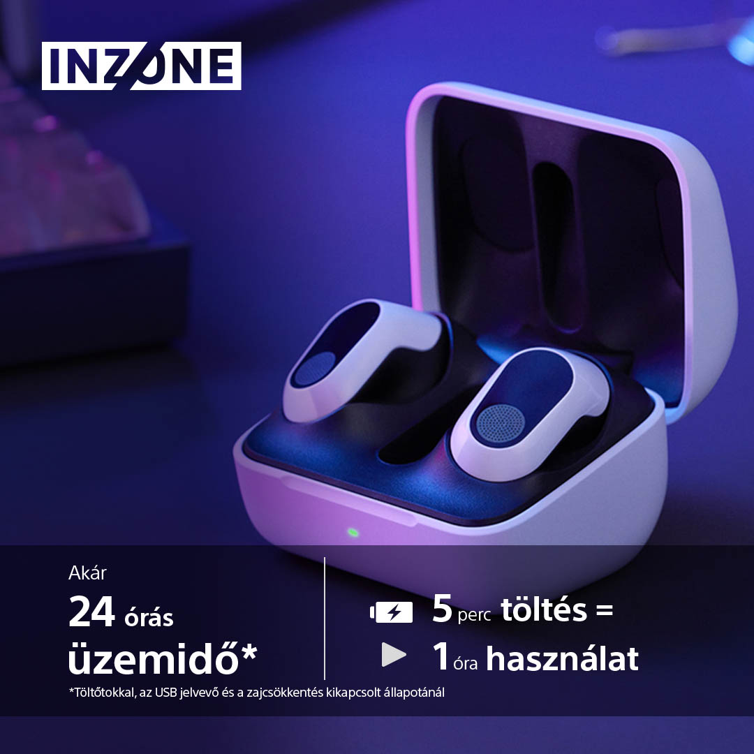 Fehér fülhallgató töltőtokkal. A szöveg 24 órás akkumulátor-üzemidőt és 5 perc töltést jelöl, ami 1 óra használatot tesz lehetővé.
