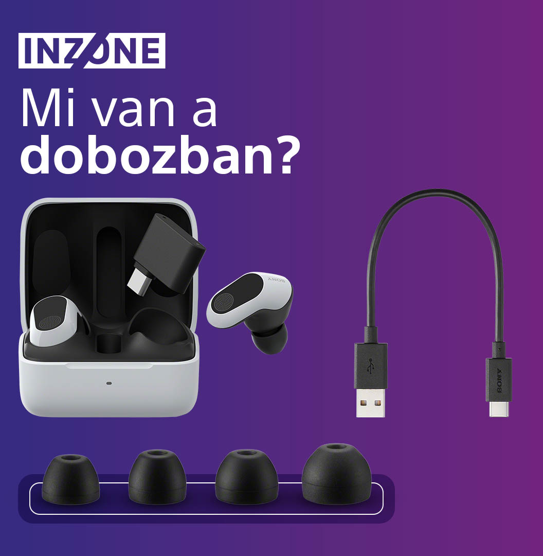 Fülhallgató, töltőtok és USB kábel. Extra füldugók. Szöveg: Mi van a dobozban?