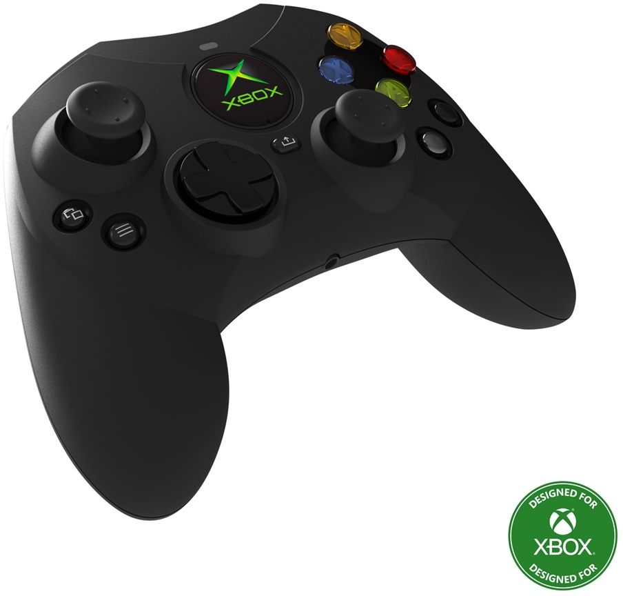 Fekete Xbox kontroller zöld logóval és színes gombokkal, valamint egy zöld kör.