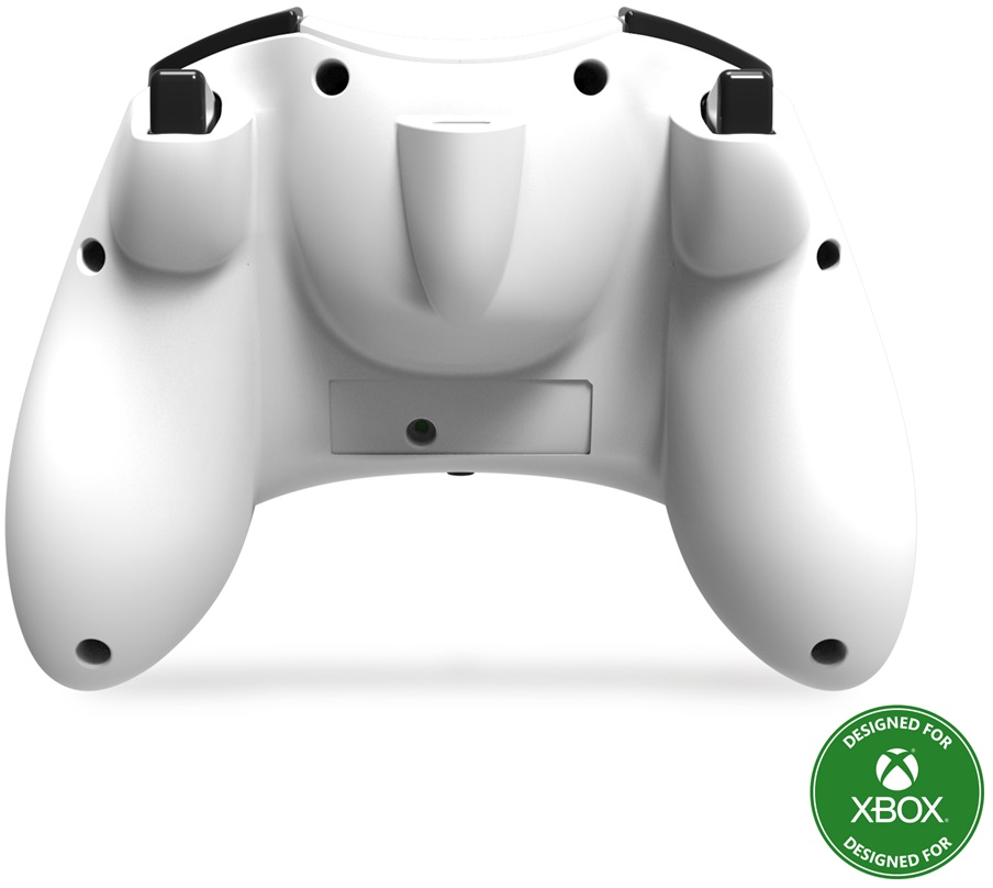Fehér Xbox-kontroller, hátulról. A kontroller fekete gombokkal és egy zöld 