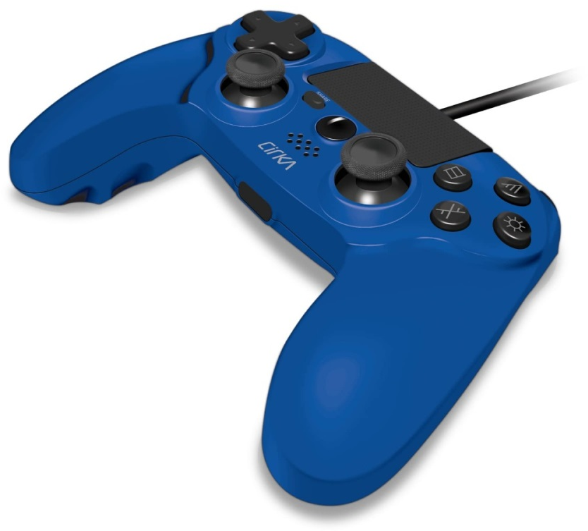 Kék játékvezérlő több gombbal és joystickkal, fekete kábellel.