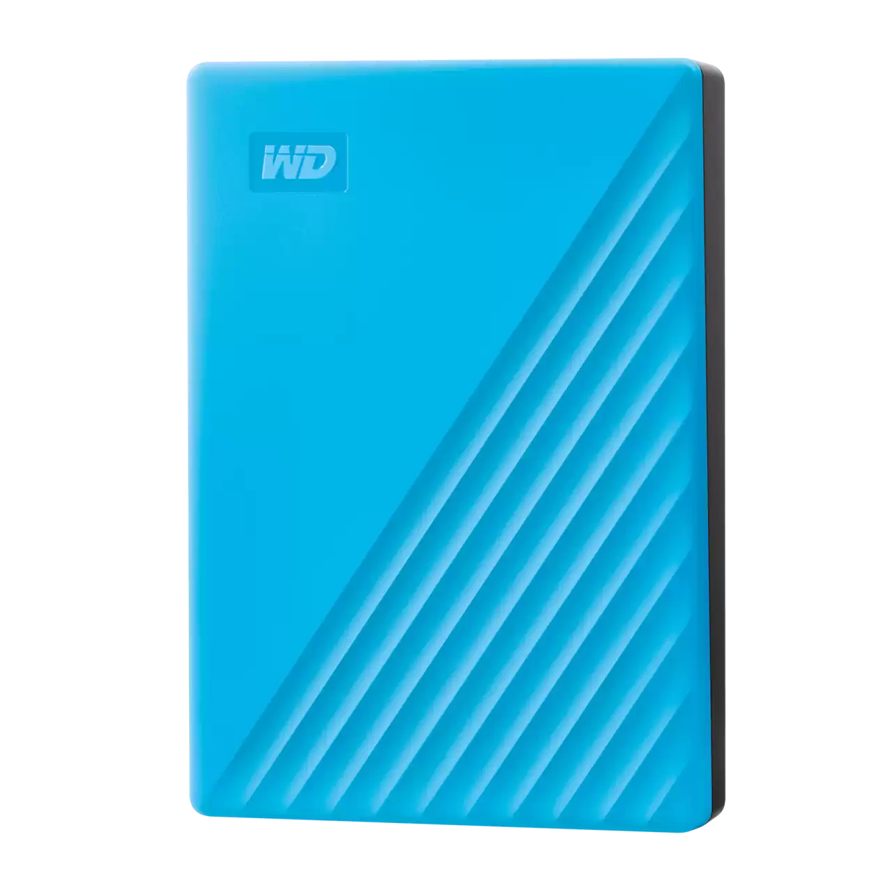 Blaue WD externe Festplatte. Rechteckig mit diagonalen Linien. Weißes WD-Logo.