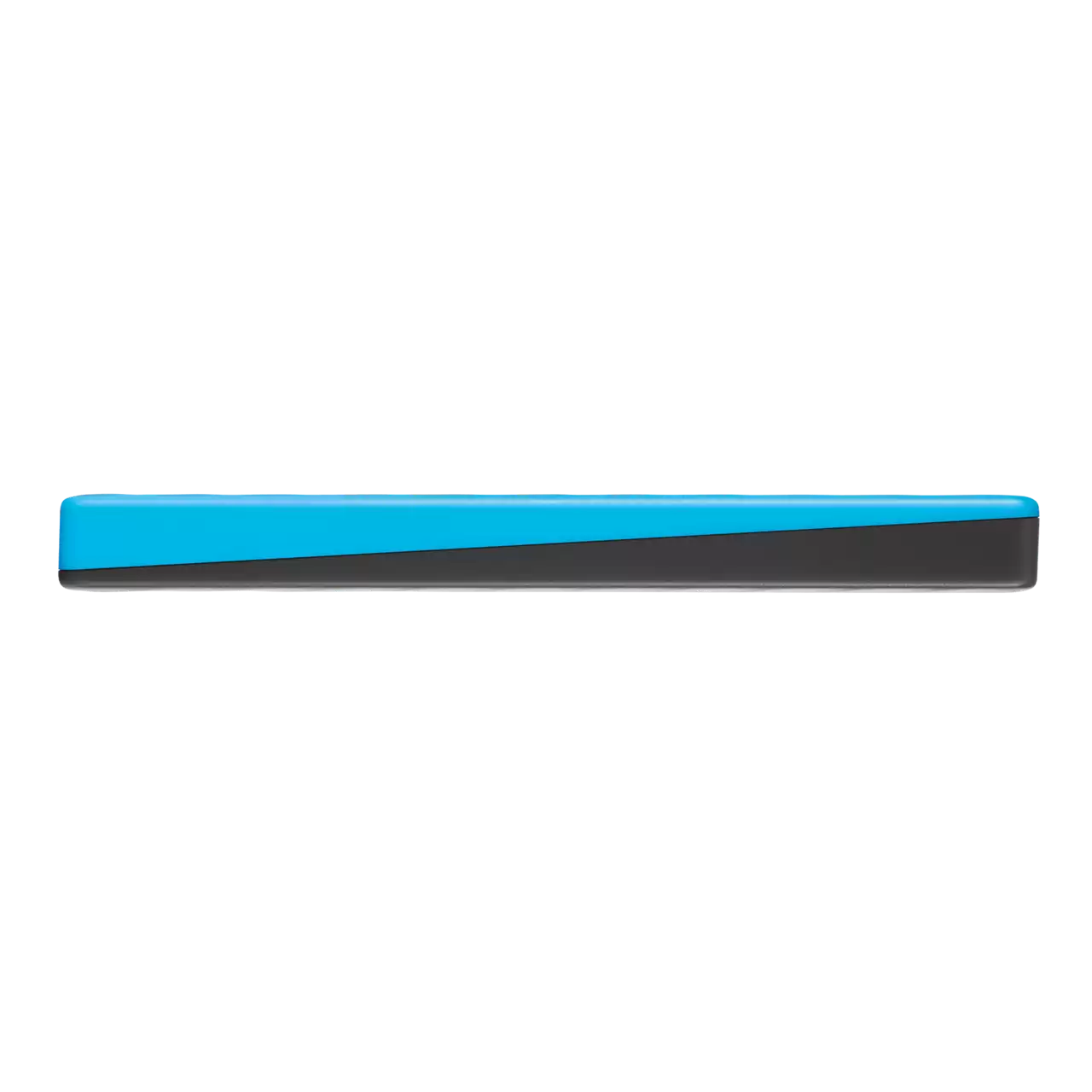Seitenansicht eines schwarz-blauen elektronischen Geräts, möglicherweise ein Tablet oder Telefon, auf schwarzem Hintergrund.
