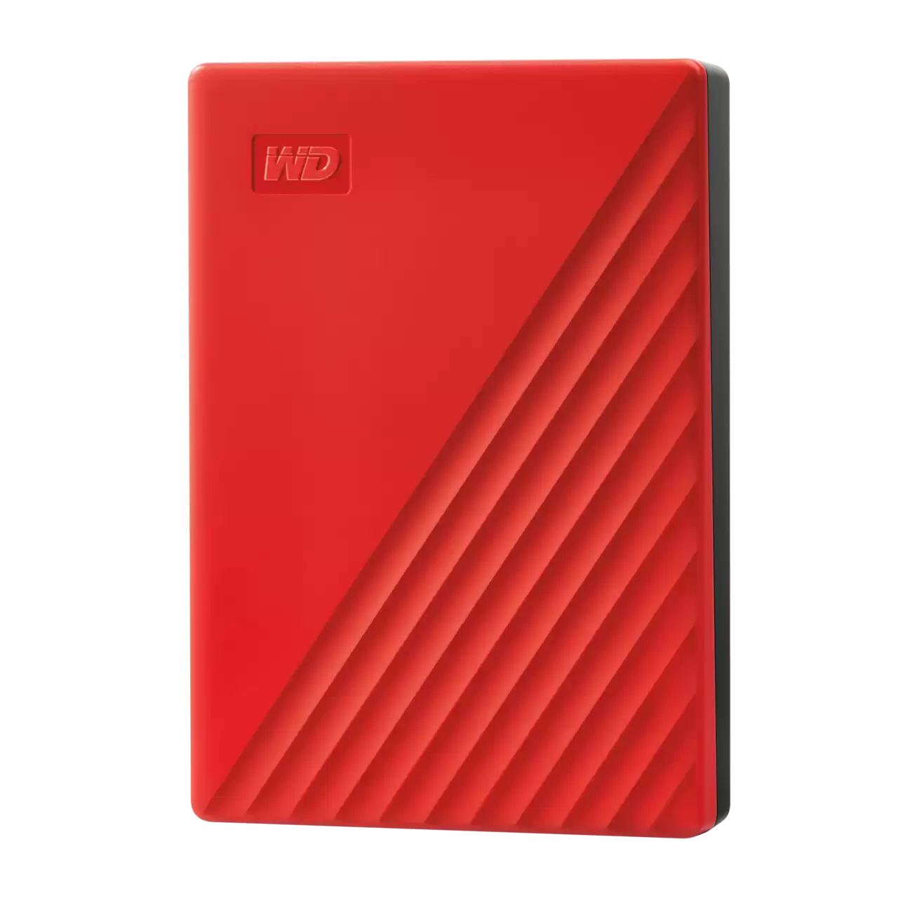Rote externe WD-Festplatte. Strukturierte Oberfläche auf einer Seite, glatt auf der anderen. WD-Logo oben links.