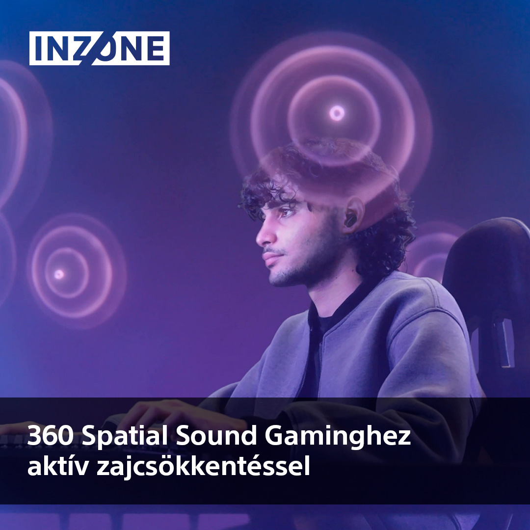 Egy férfi fülhallgatóval, felette az INZONE szóval.