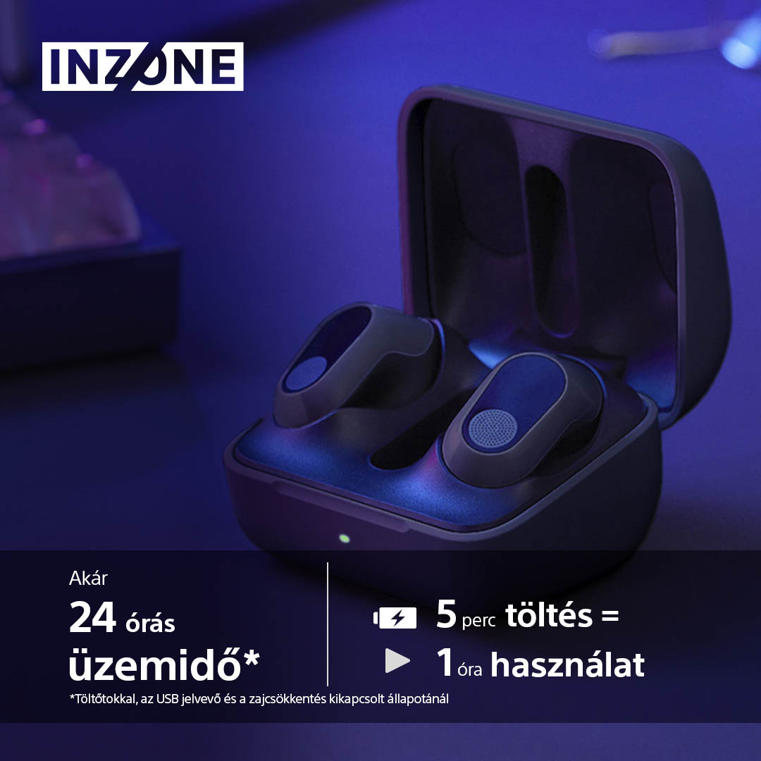 Fekete-kék INZONE fülhallgató tokban. Szöveg: 24 óra használat, 5 perc töltés = 1 óra.