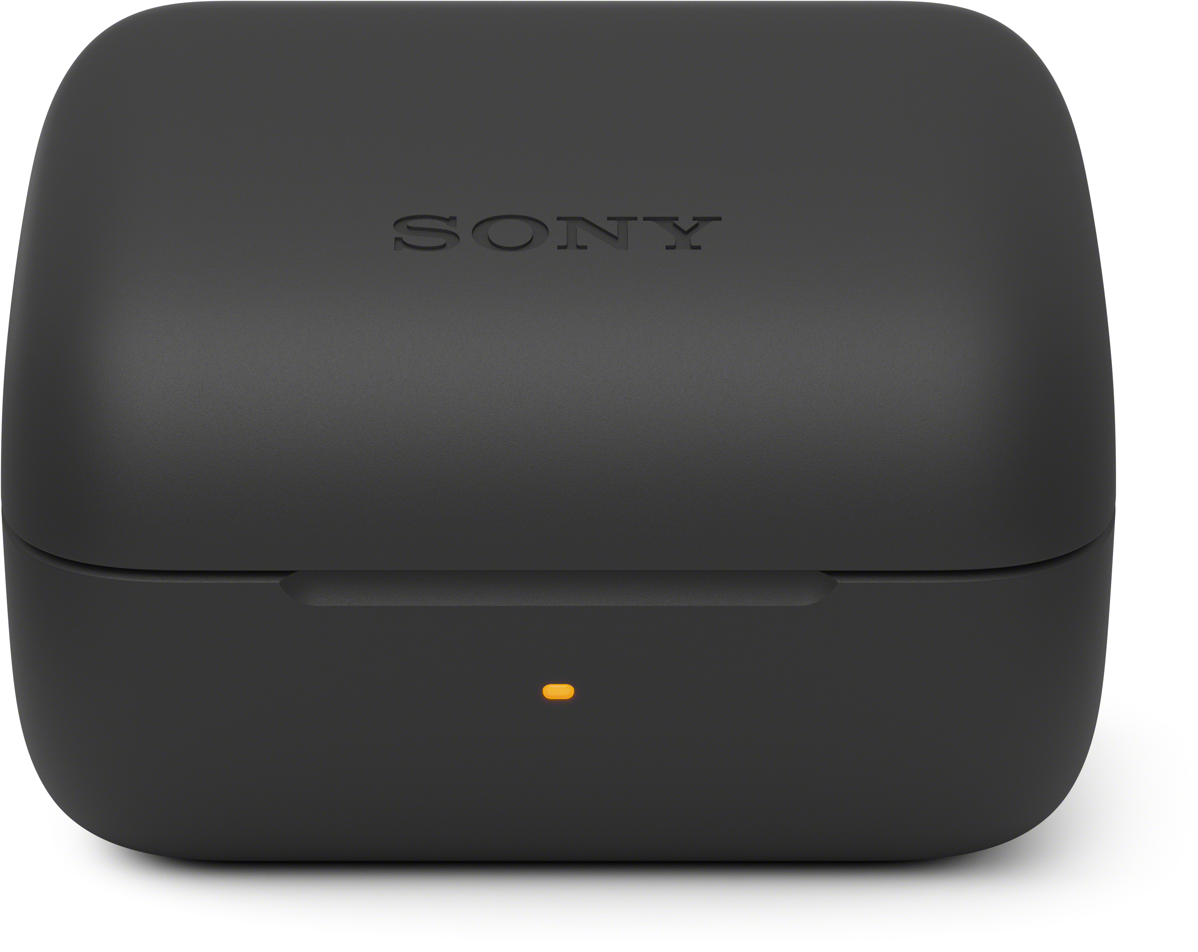 Fekete töltőtok Sony fülhallgatókhoz, a márkajelzéssel a tetején és egy narancssárga fénnyel.