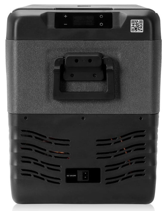 Tył szaro-czarnej chłodziarki Yolco. Posiada uchwyt, wyświetlacz i wejście zasilania DC.