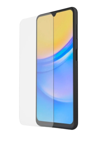 Smartphone mit Displayschutz. Schwarzer Rahmen, weiße Rückseite. Zeigt einen blau-gelben Farbverlauf auf dem Bildschirm.