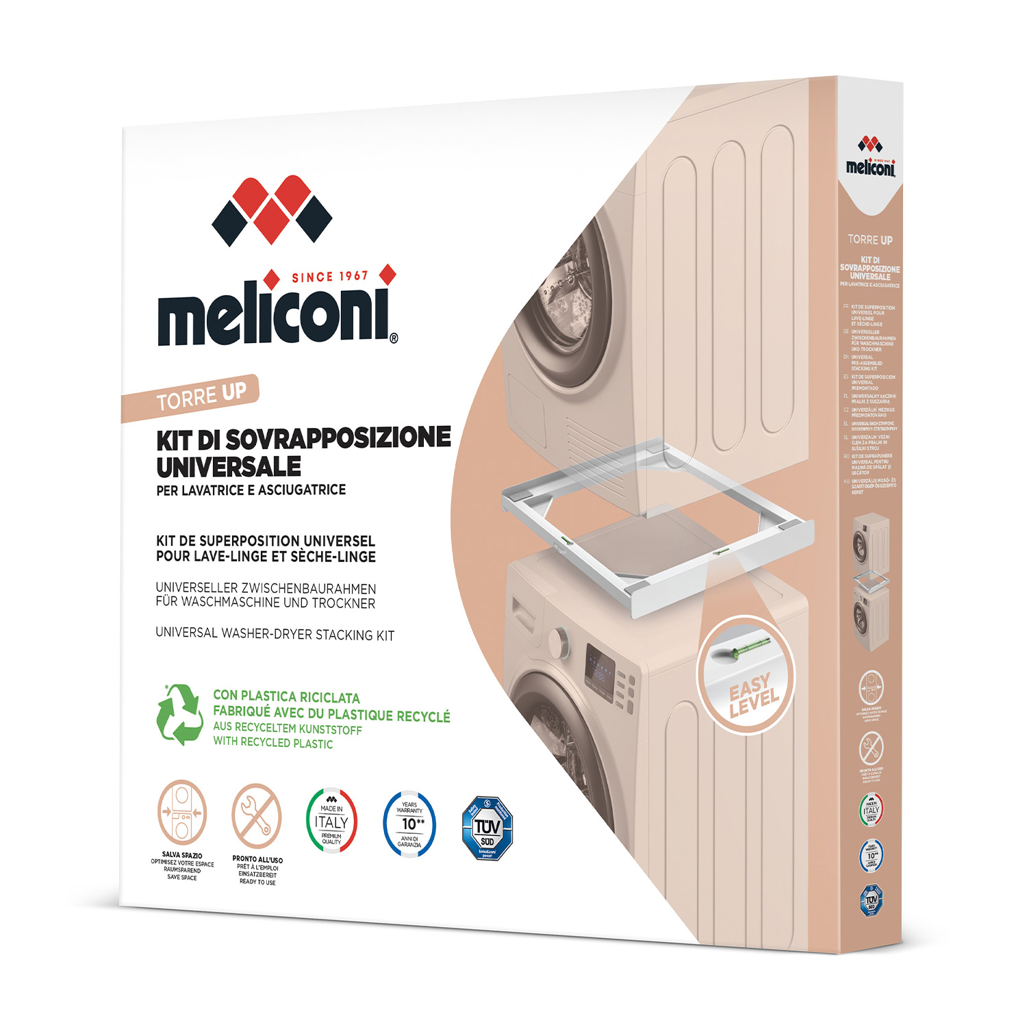 Una scatola del kit di sovrapposizione universale per lavatrice-asciugatrice Meliconi con immagini del prodotto.