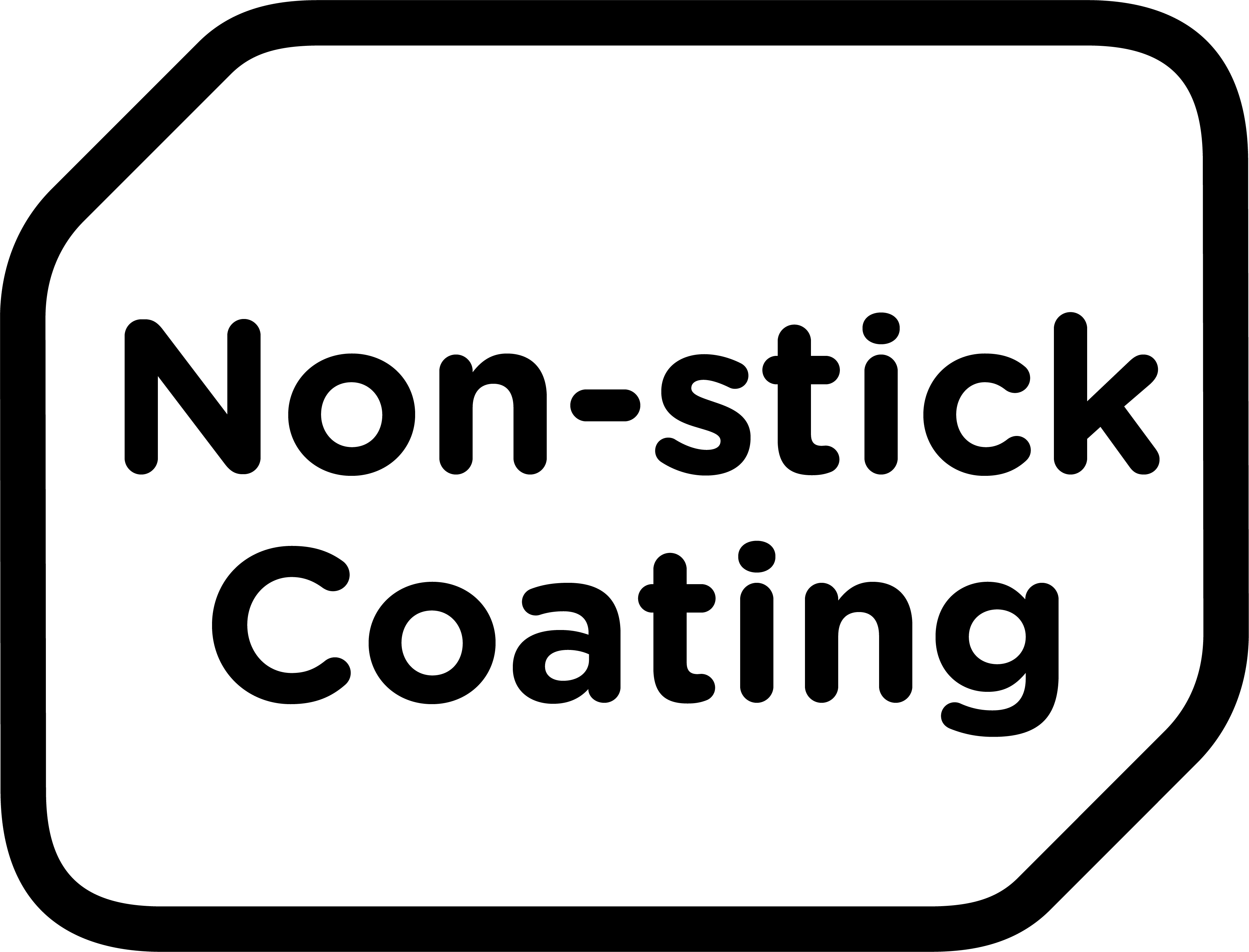Ein weißes Etikett mit schwarzem Umriss, das den Text 'Non-stick Coating' in fetter Schriftart zeigt.