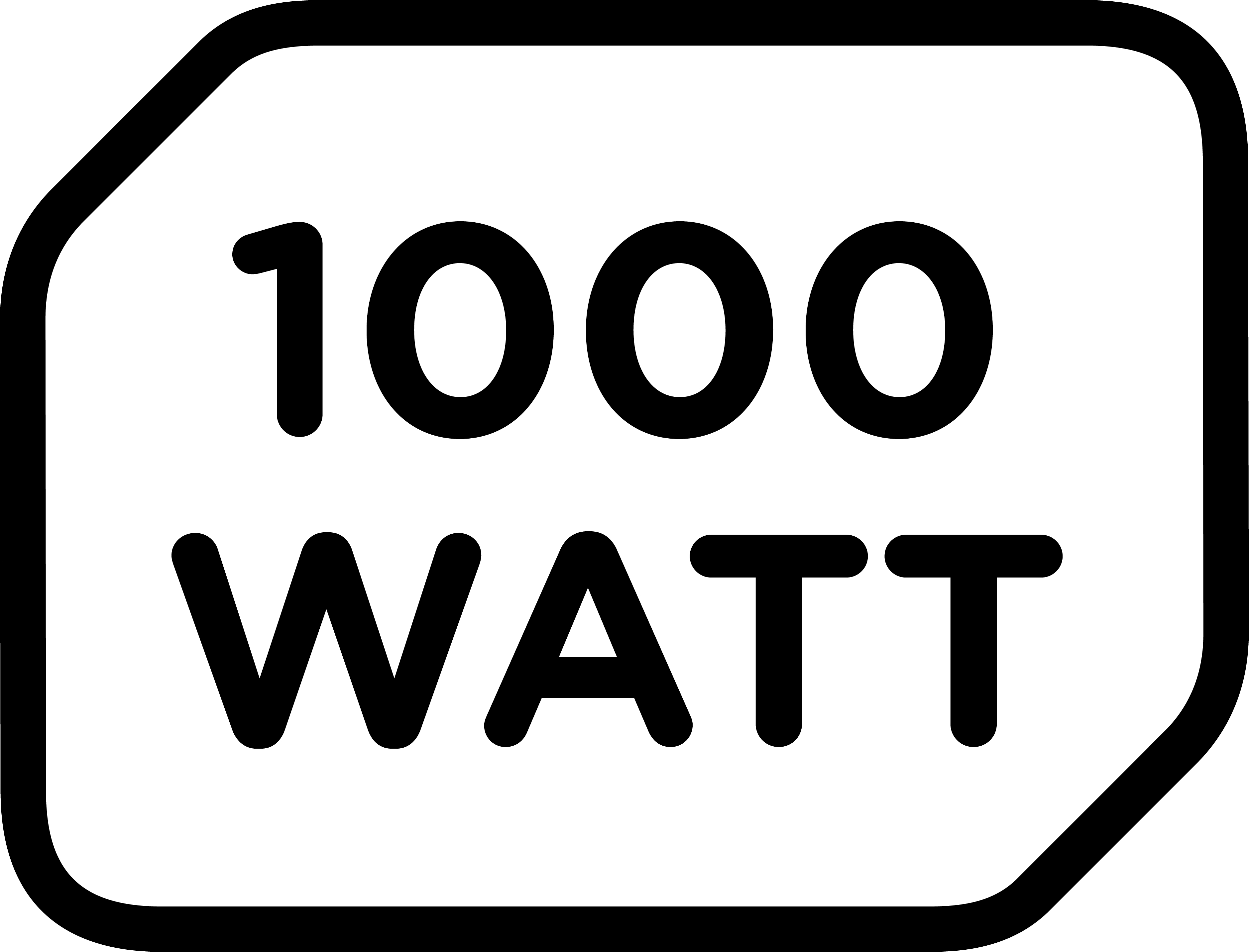 Ein schwarz-weißes Schild mit den Worten '1000 WATT' in fetten, schwarzen Buchstaben in einem abgerundeten Rechteck.