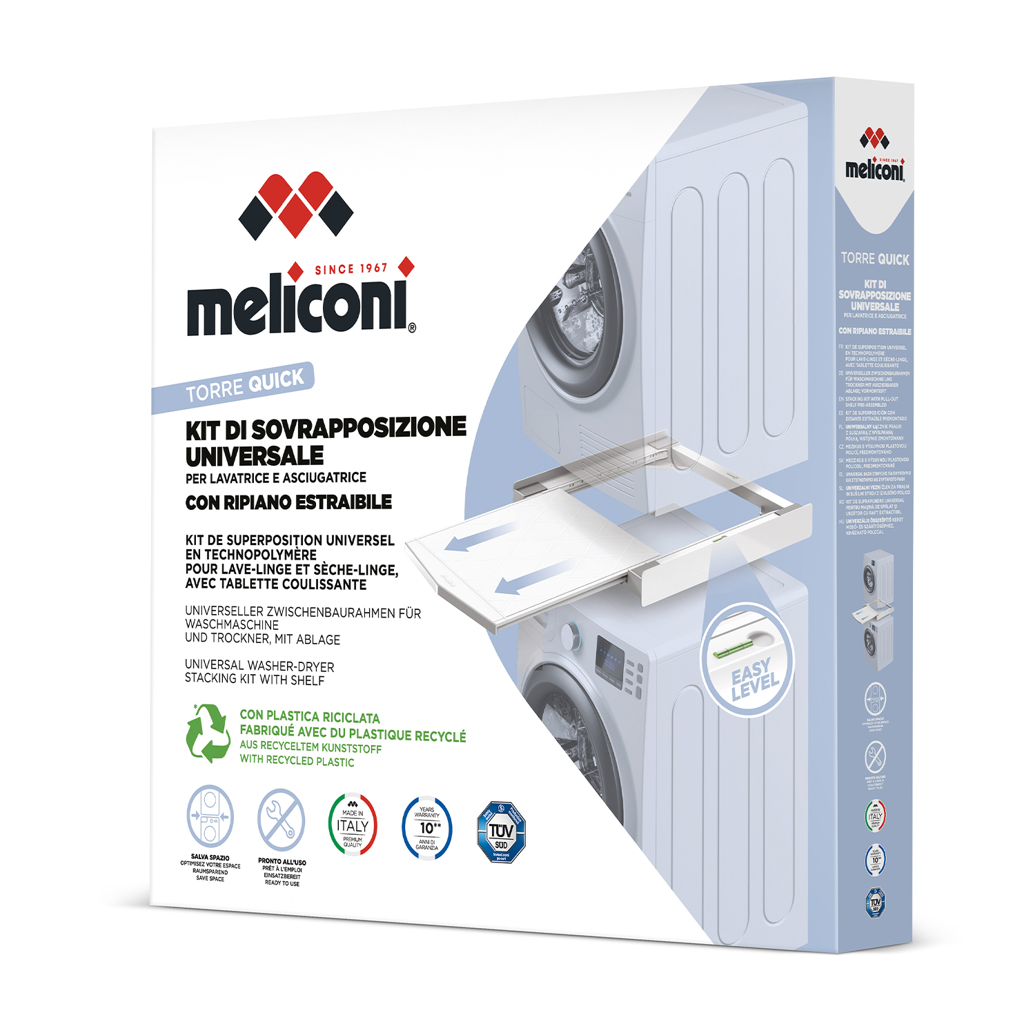 Scatola con lavatrice e asciugatrice bianche. Testo sulla scatola: Meliconi, Torre Quick e altri dettagli del prodotto.