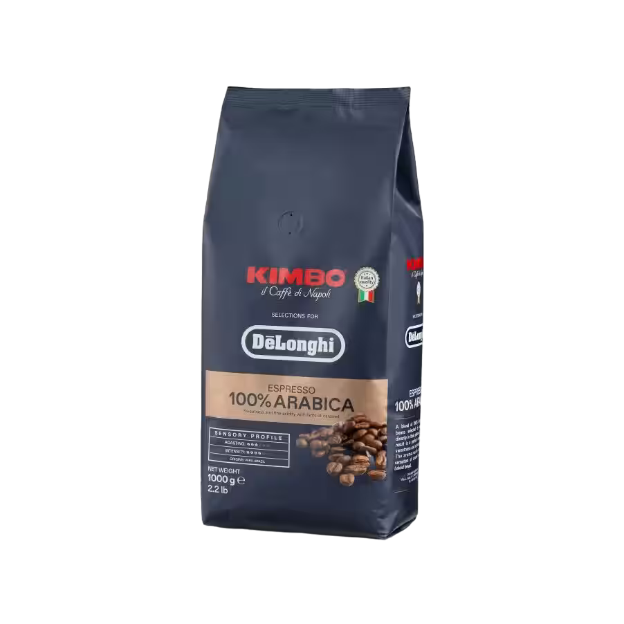 Eine Tüte DeLonghi Espresso-Kaffeebohnen. Die Tüte ist blau mit einem goldenen Etikett und braunen Kaffeebohnen.