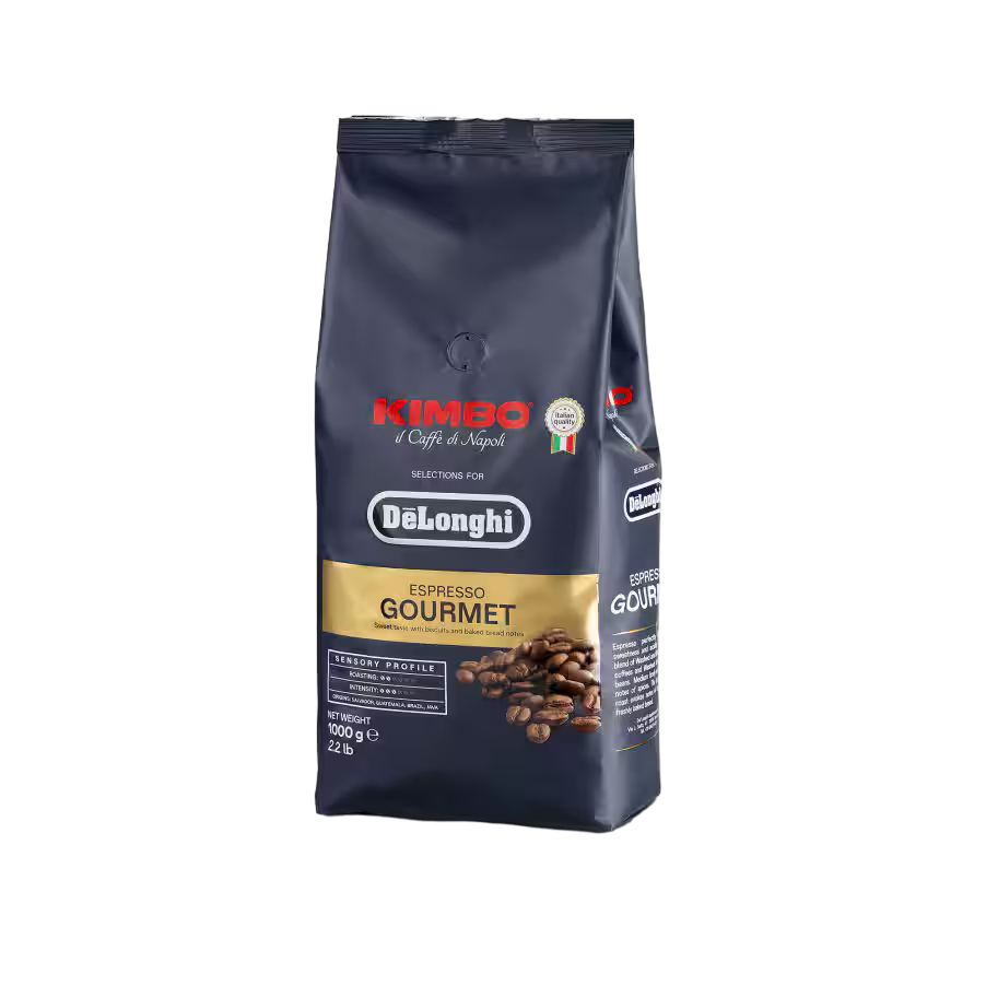 Schwarze Tüte Kimbo Espresso Gourmet Kaffee mit Kaffeebohnen, De'Longhi Branding.