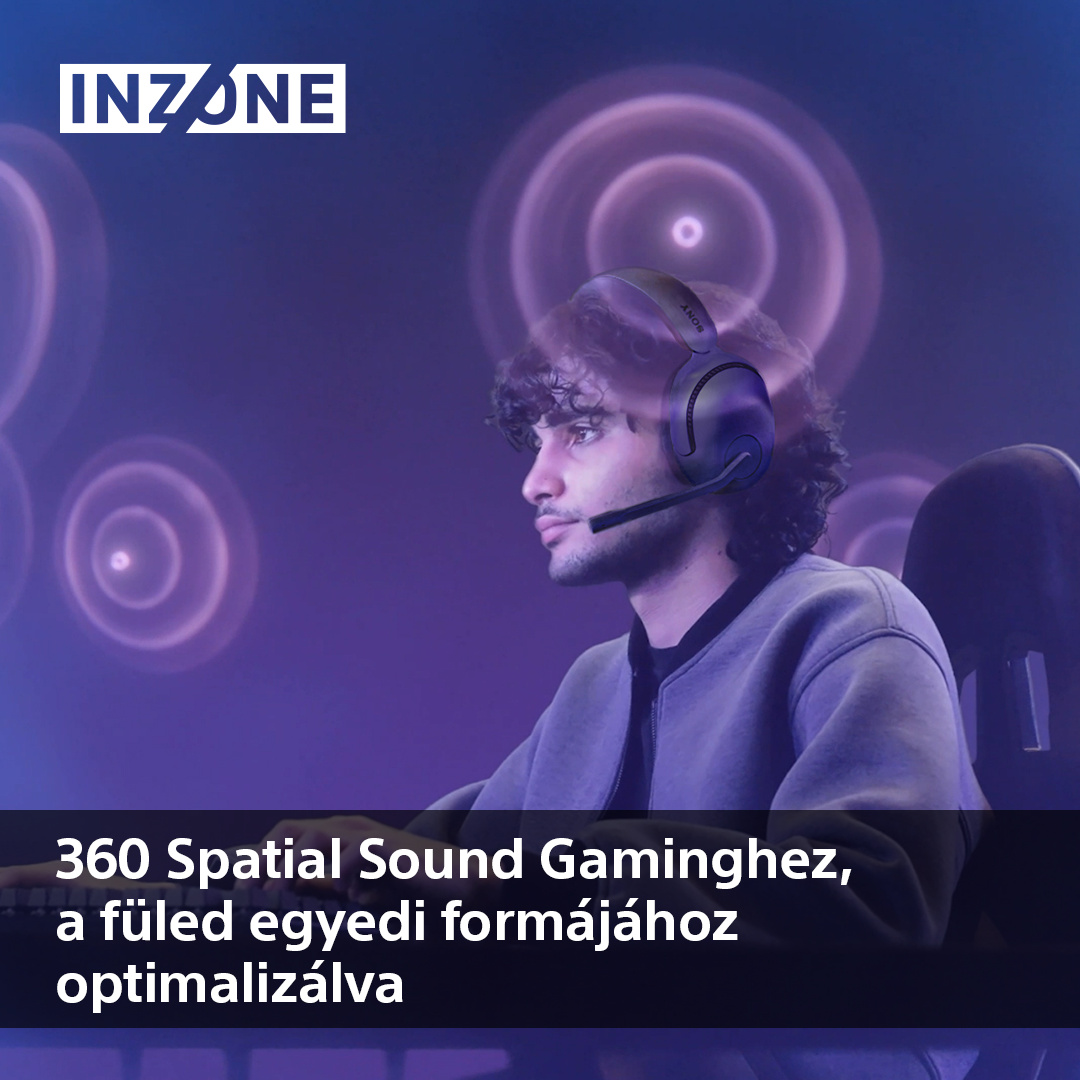 Férfi játék fejhallgatóval, kék fények a háttérben. A szöveg: '360 Spatial Sound'.